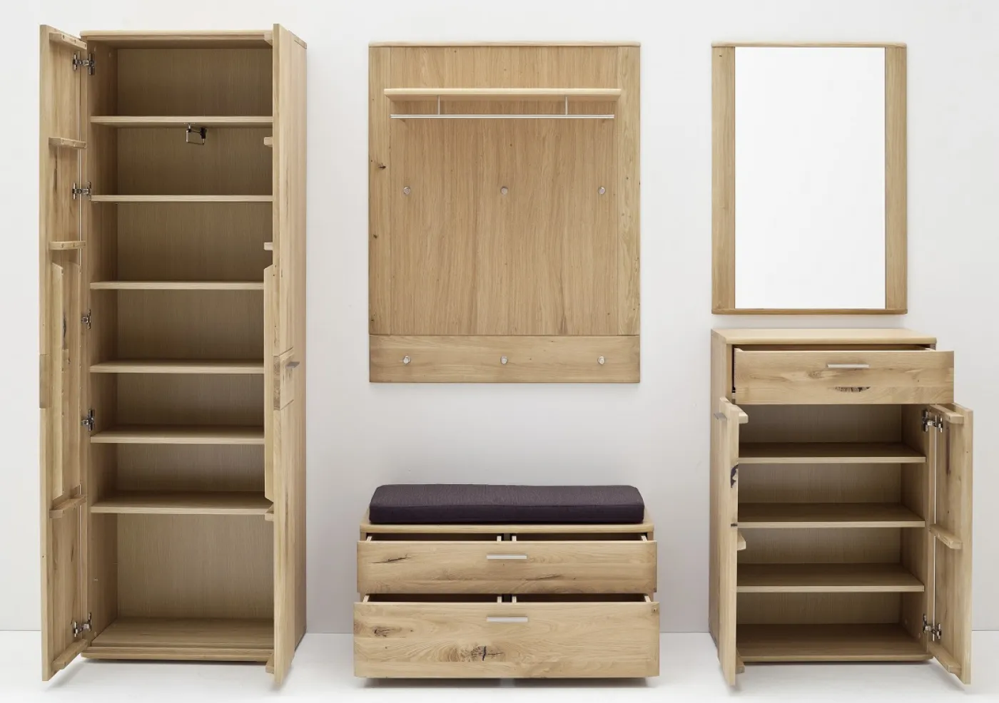 Garderoben Set Nilo | Balkeneiche Bianco | 5-teilig | Sitzkissen mit Sitzkissen