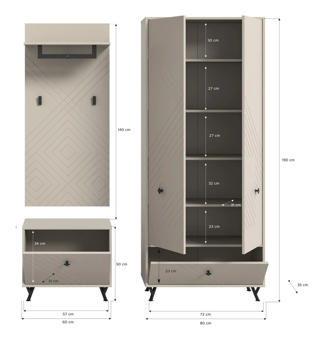 Garderoben-Set Notes | beige matt/sandfarben | 3-teilig