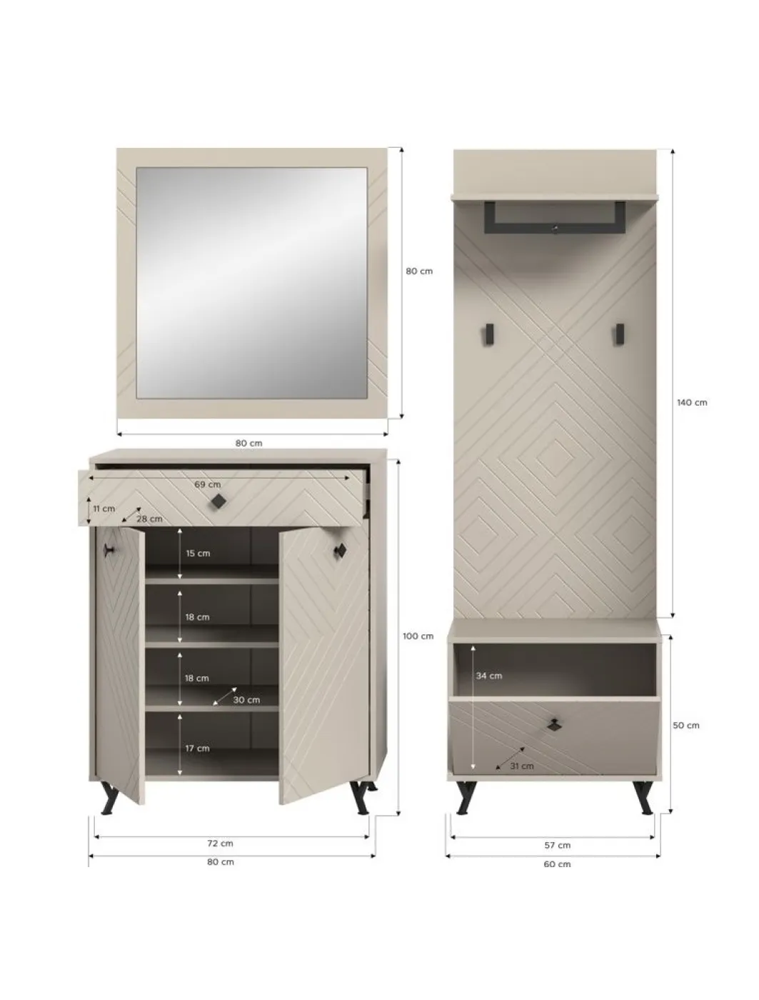 Garderoben-Set Notes | beige matt/sandfarben | 4-teilig