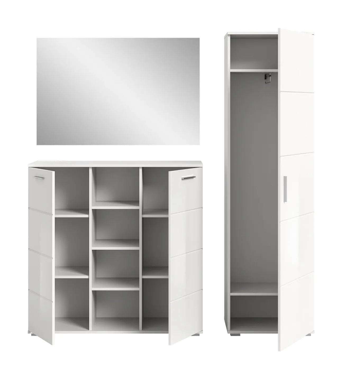 Garderoben-Set Prego 2 | weiß Hochglanz | 3-teilig Kommode mit LED Unterbauspots