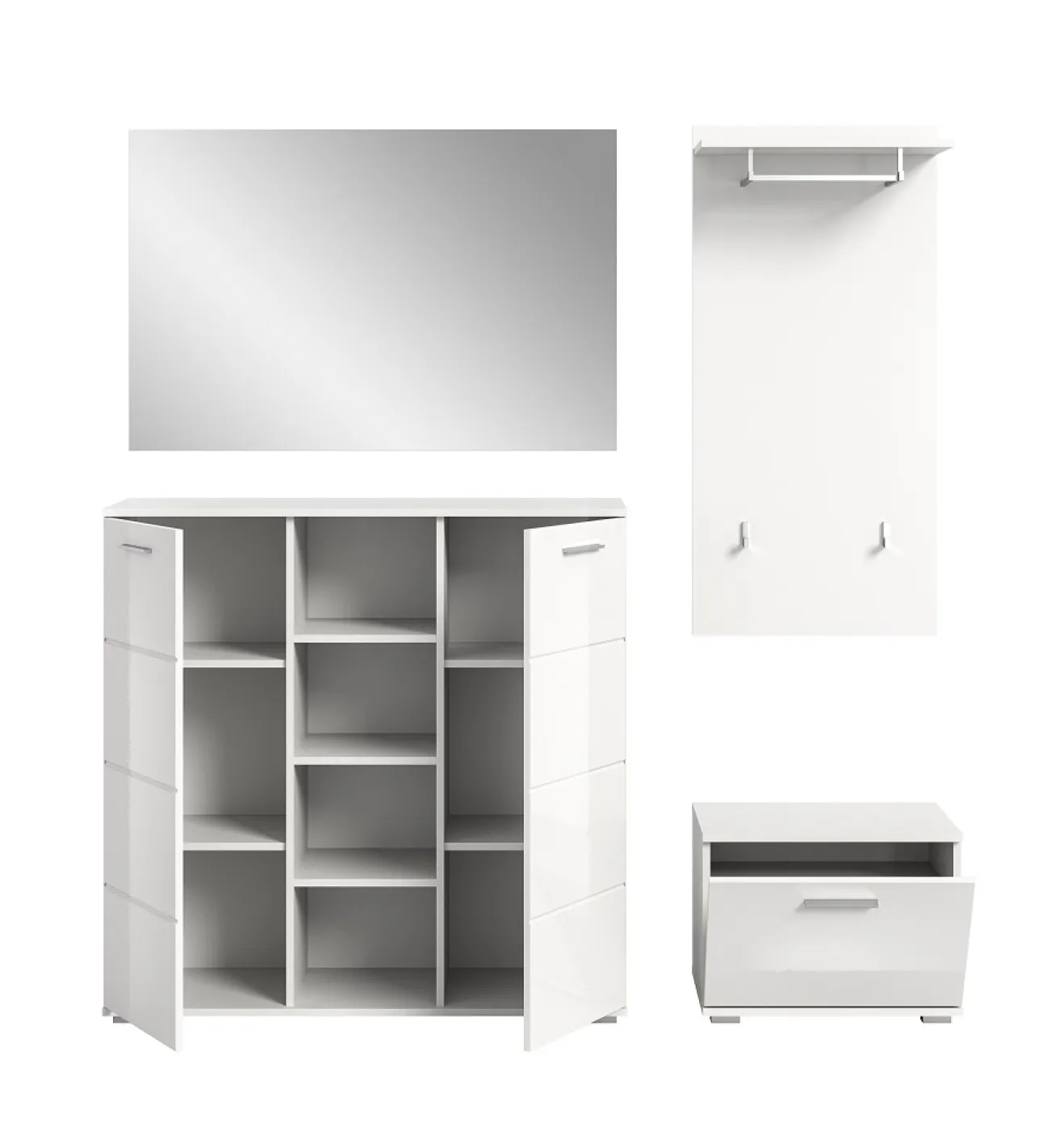 Garderoben-Set Prego 2 | weiß Hochglanz | 4-teilig | ohne Sitzkissen Kommode mit LED Beleuchtung