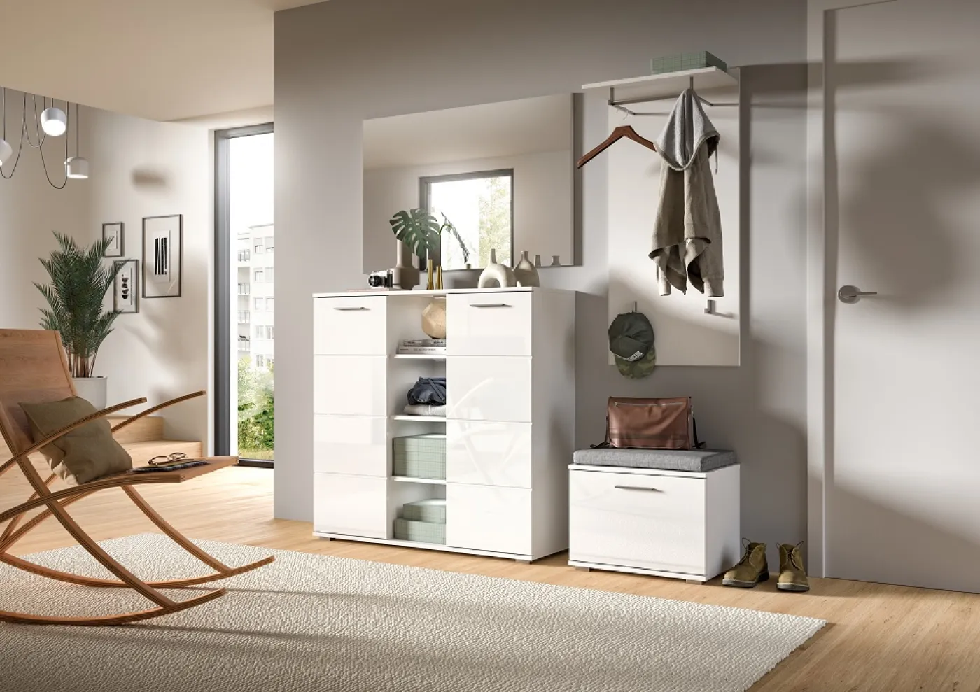 Garderoben-Set Prego 2 | weiß Hochglanz | 4-teilig | ohne Sitzkissen Kommode ohne Beleuchtung