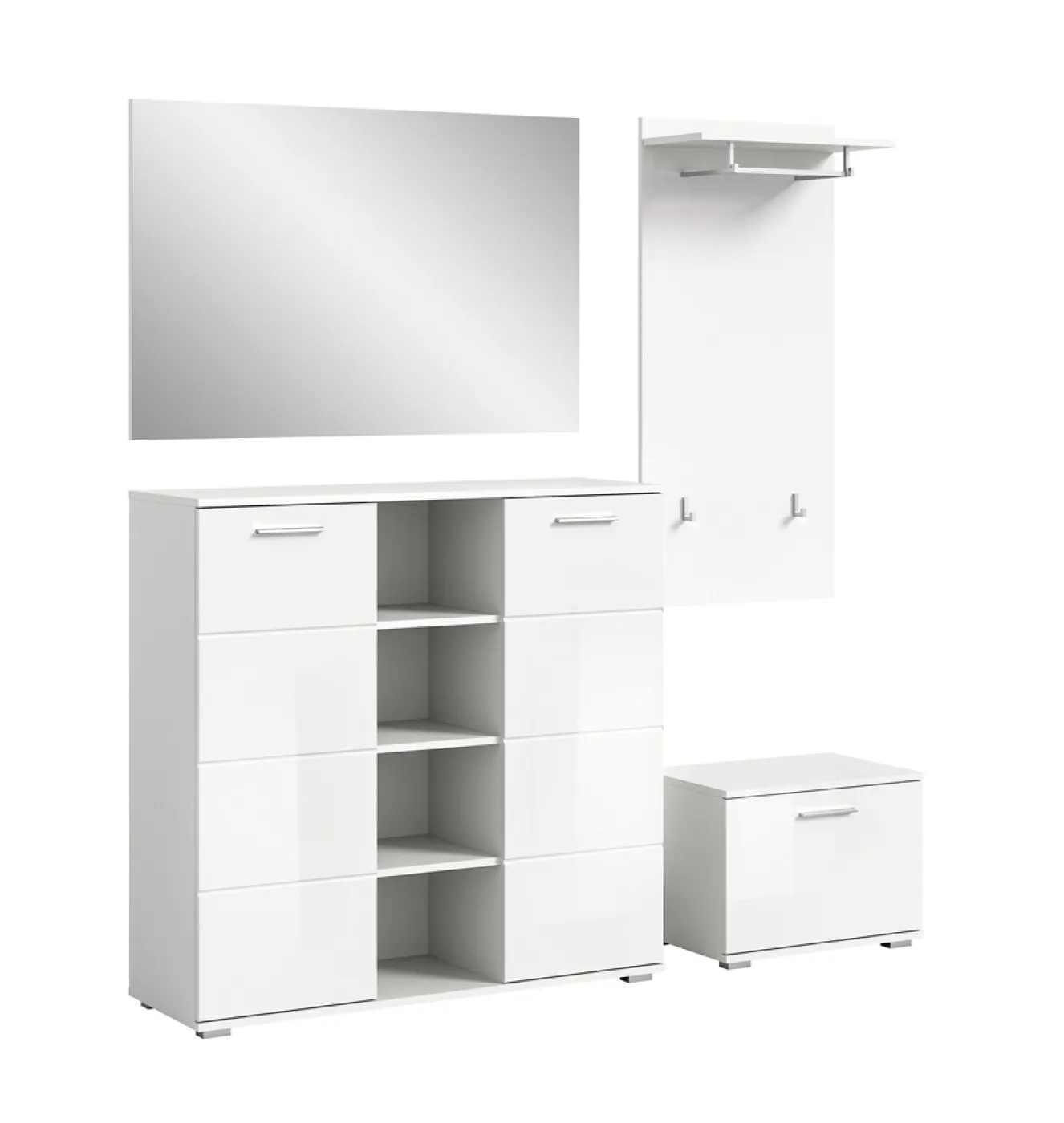 Garderoben-Set Prego 2 | weiß Hochglanz | 4-teilig | ohne Sitzkissen Kommode ohne Beleuchtung
