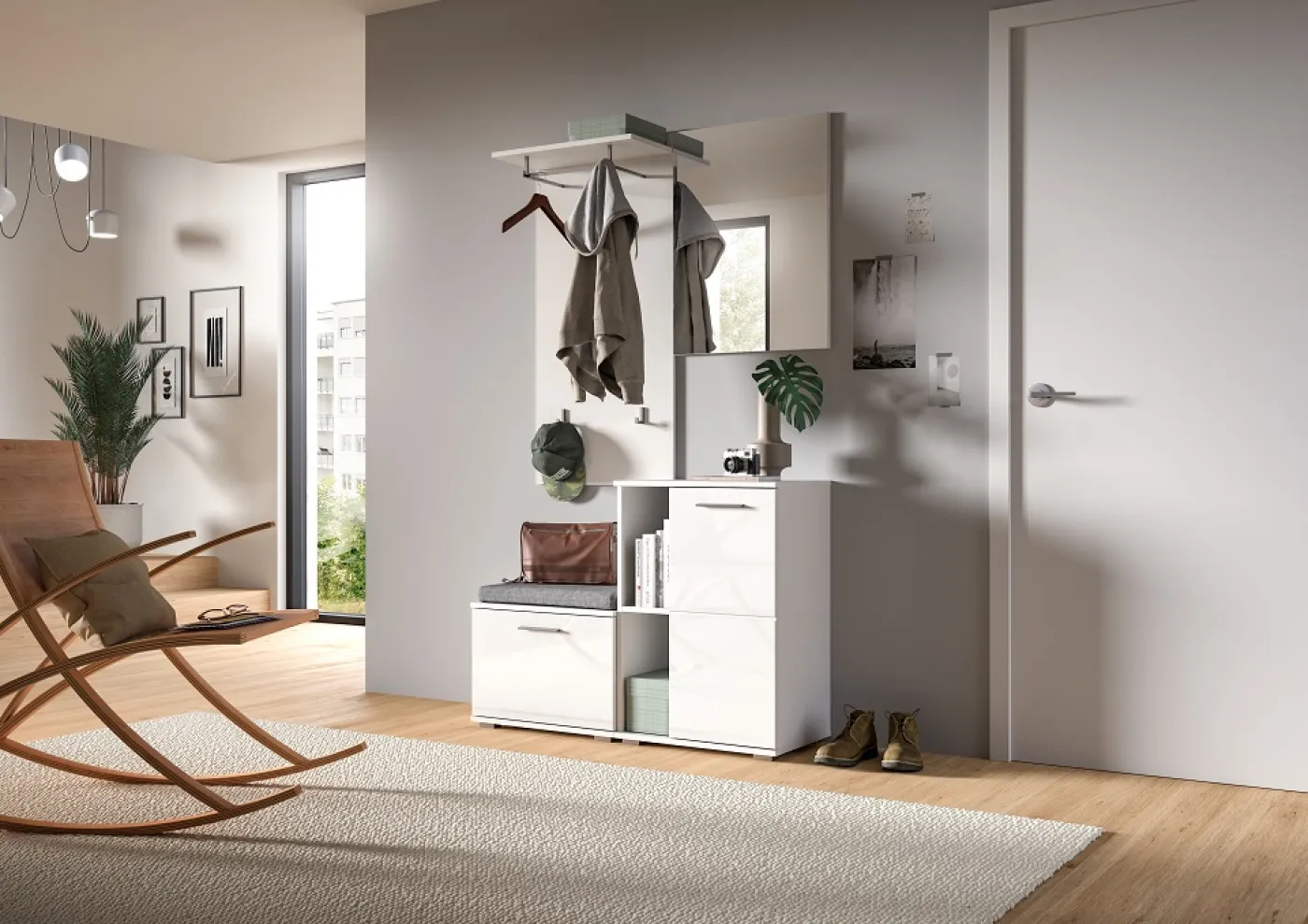 Garderoben-Set Prego | weiß Hochglanz | 4-teilig | mit Sitzkissen