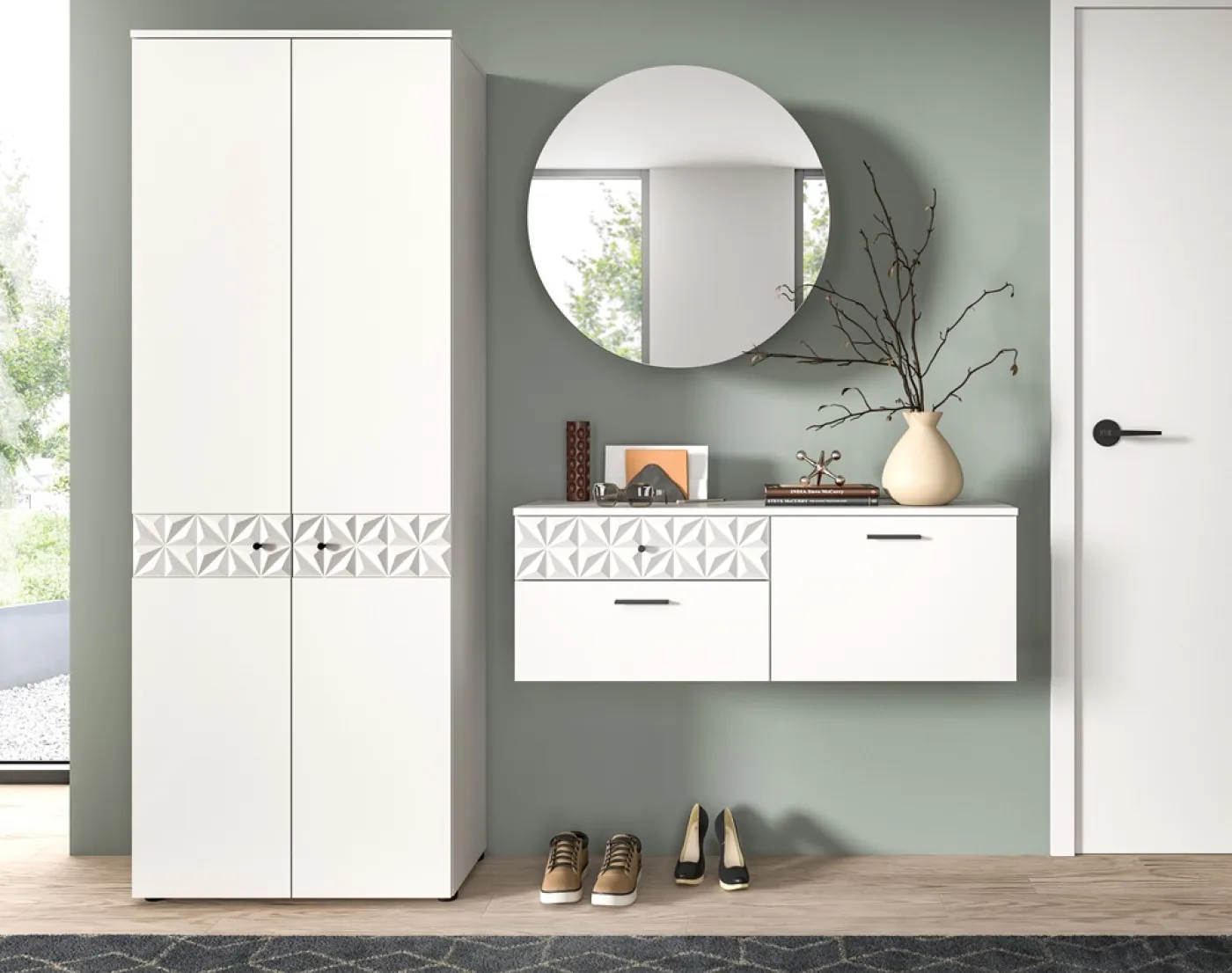 Garderoben-Set Prisma | weiß / weiß Hochglanz | 3-teilig | mit Beleuchtung