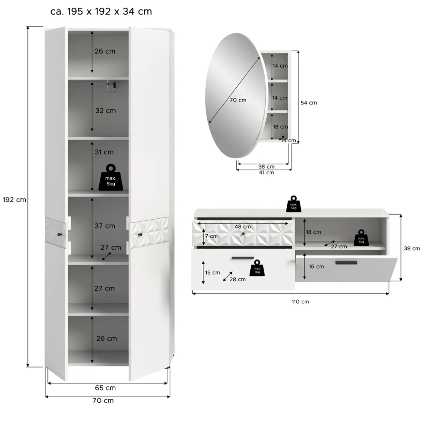 Garderoben-Set Prisma | weiß / weiß Hochglanz | 3-teilig | ohne Beleuchtung