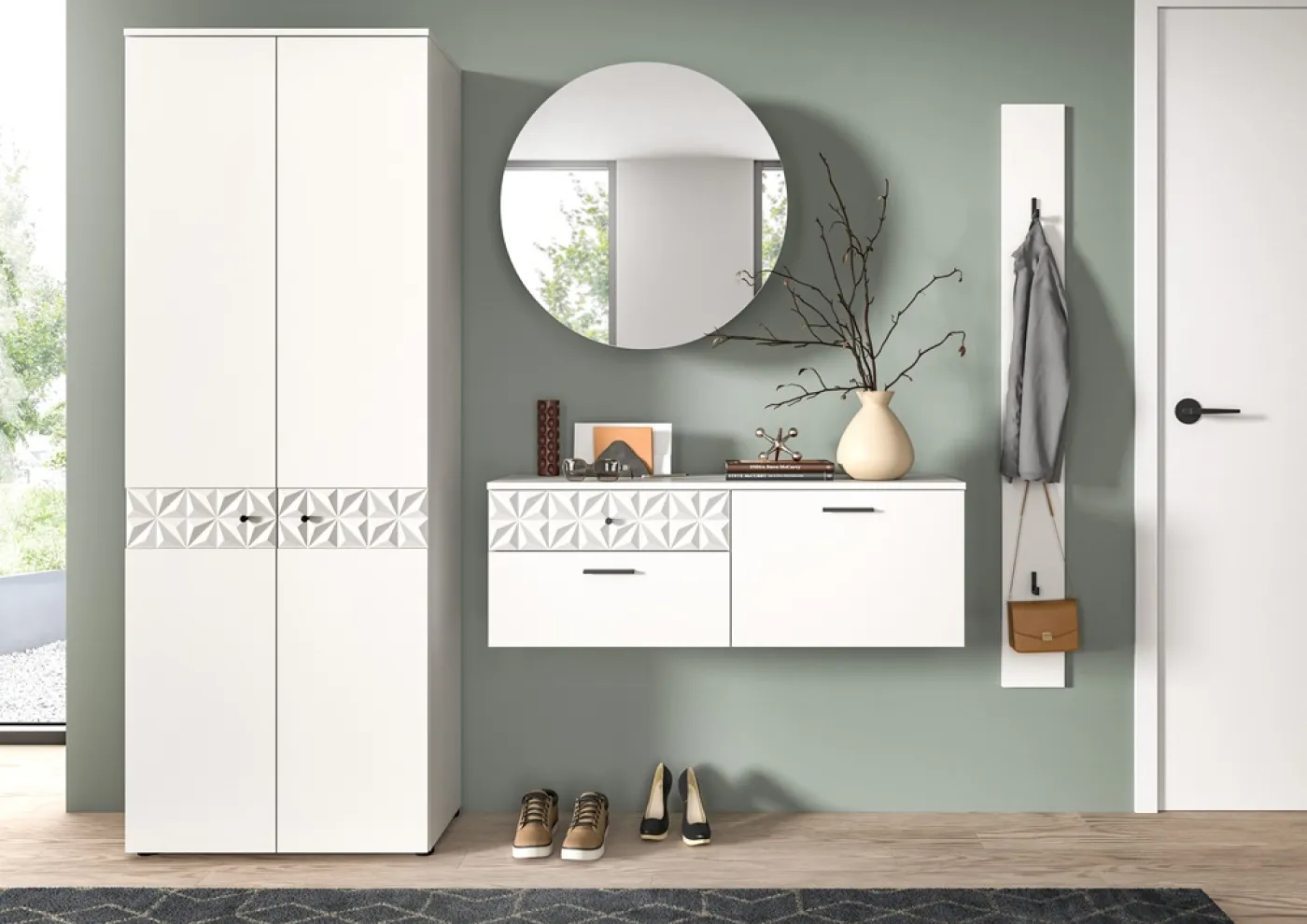 Garderoben-Set Prisma | weiß / weiß Hochglanz | 4-teilig | mit Beleuchtung