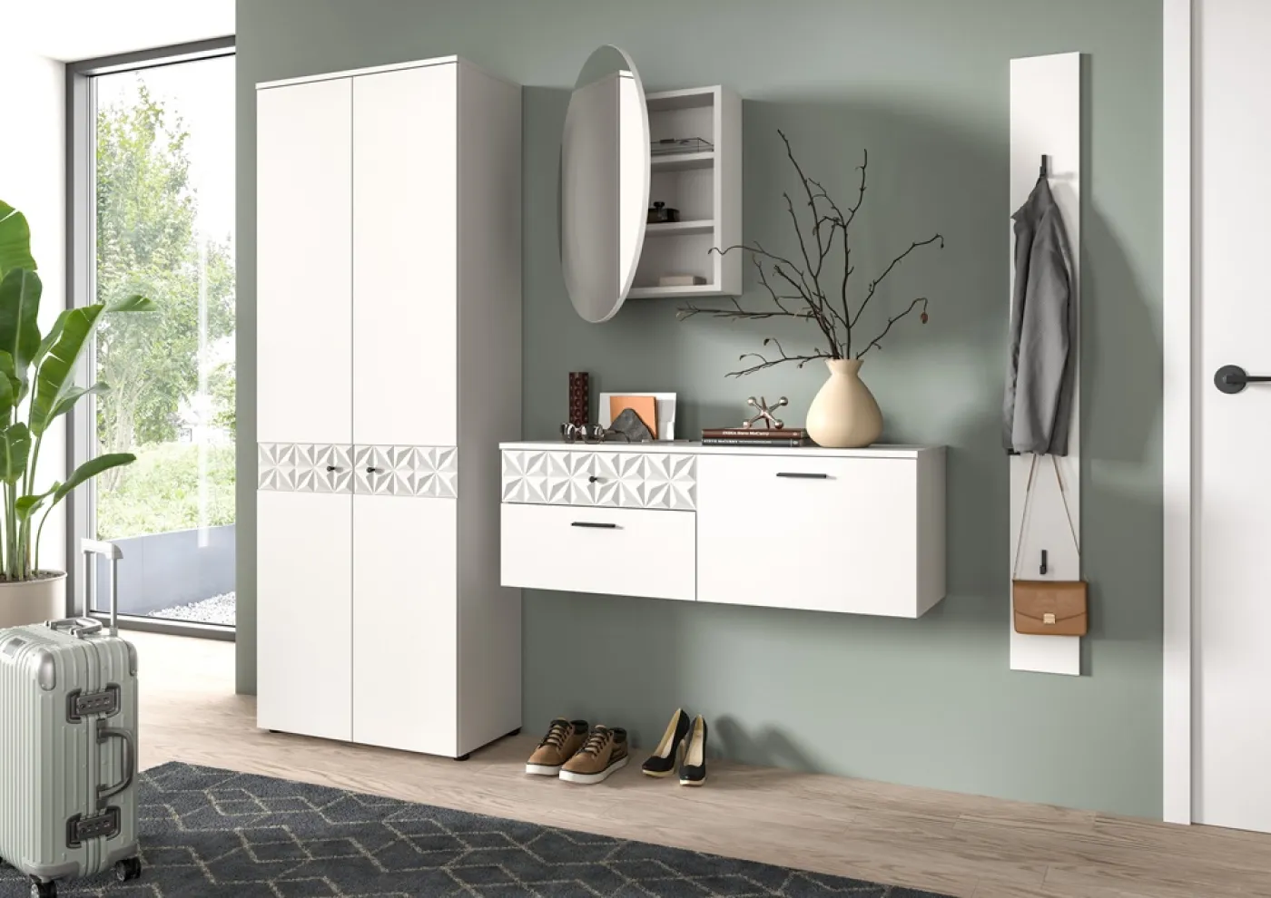 Garderoben-Set Prisma | weiß / weiß Hochglanz | 4-teilig | mit Beleuchtung