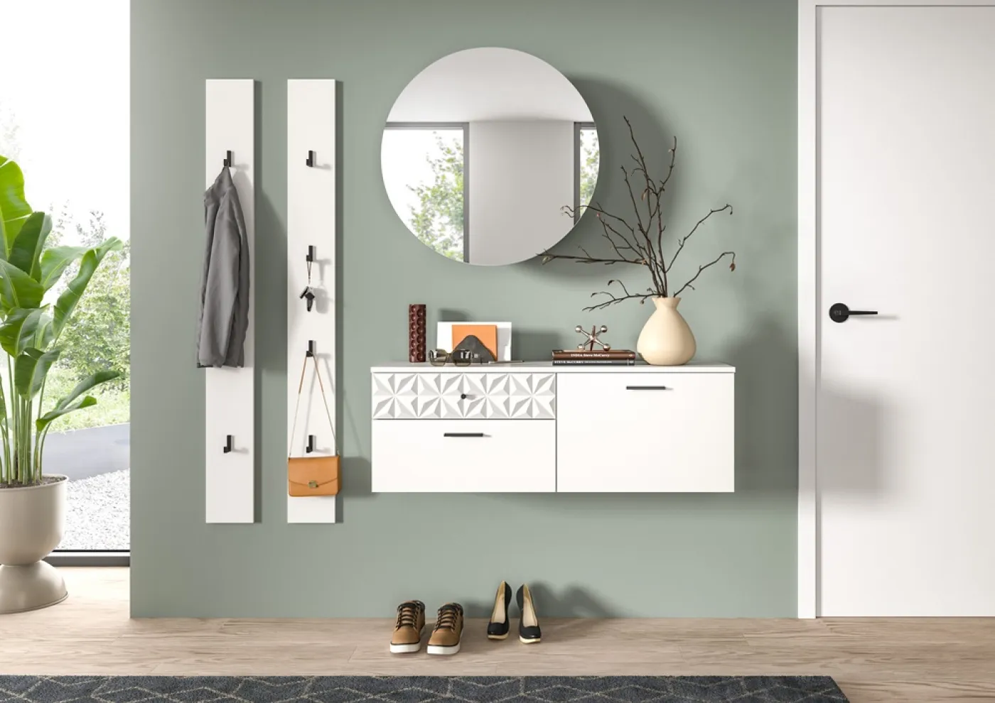 Garderoben-Set Prisma 2 | weiß / weiß Hochglanz | 4-teilig | mit Beleuchtung