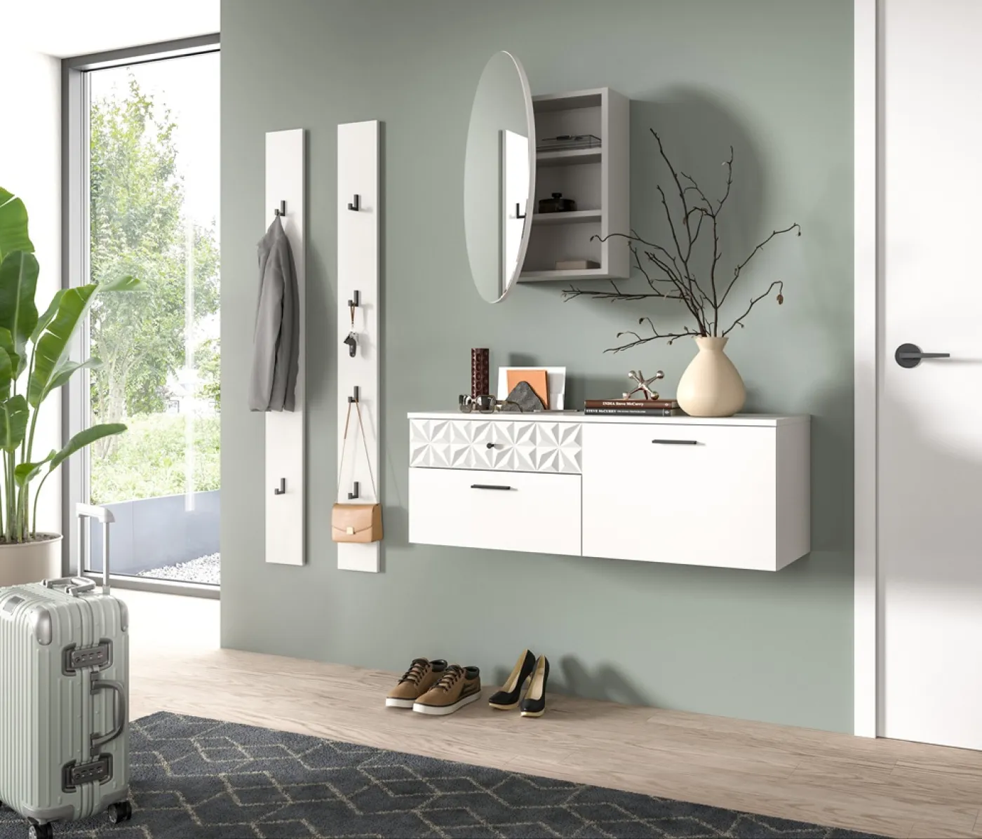 Garderoben-Set Prisma 2 | weiß / weiß Hochglanz | 4-teilig | mit Beleuchtung