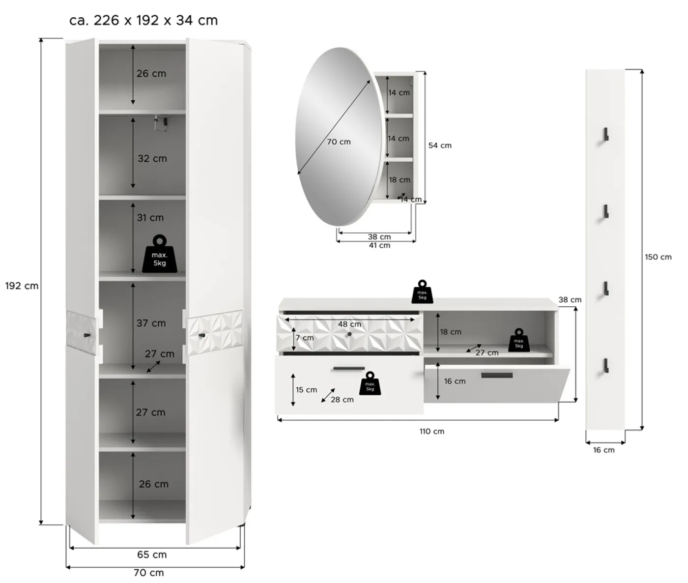 Garderoben-Set Prisma | weiß / weiß Hochglanz | 4-teilig | ohne Beleuchtung