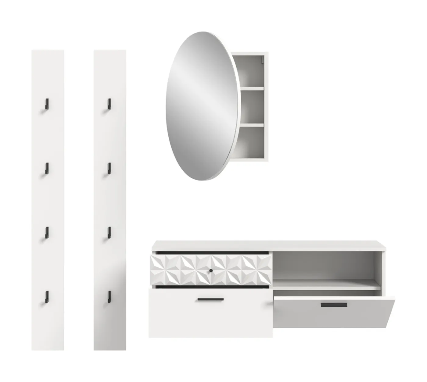 Garderoben-Set Prisma 2 | weiß / weiß Hochglanz | 4-teilig | ohne Beleuchtung