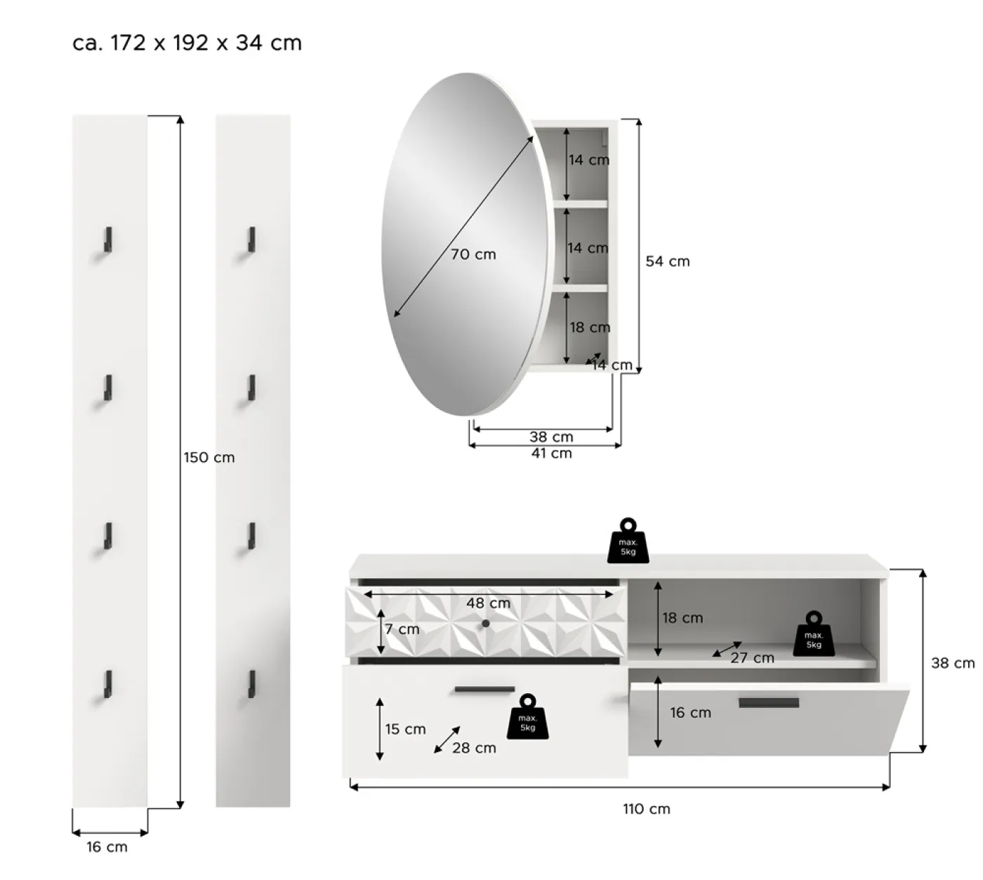 Garderoben-Set Prisma 2 | weiß / weiß Hochglanz | 4-teilig | ohne Beleuchtung