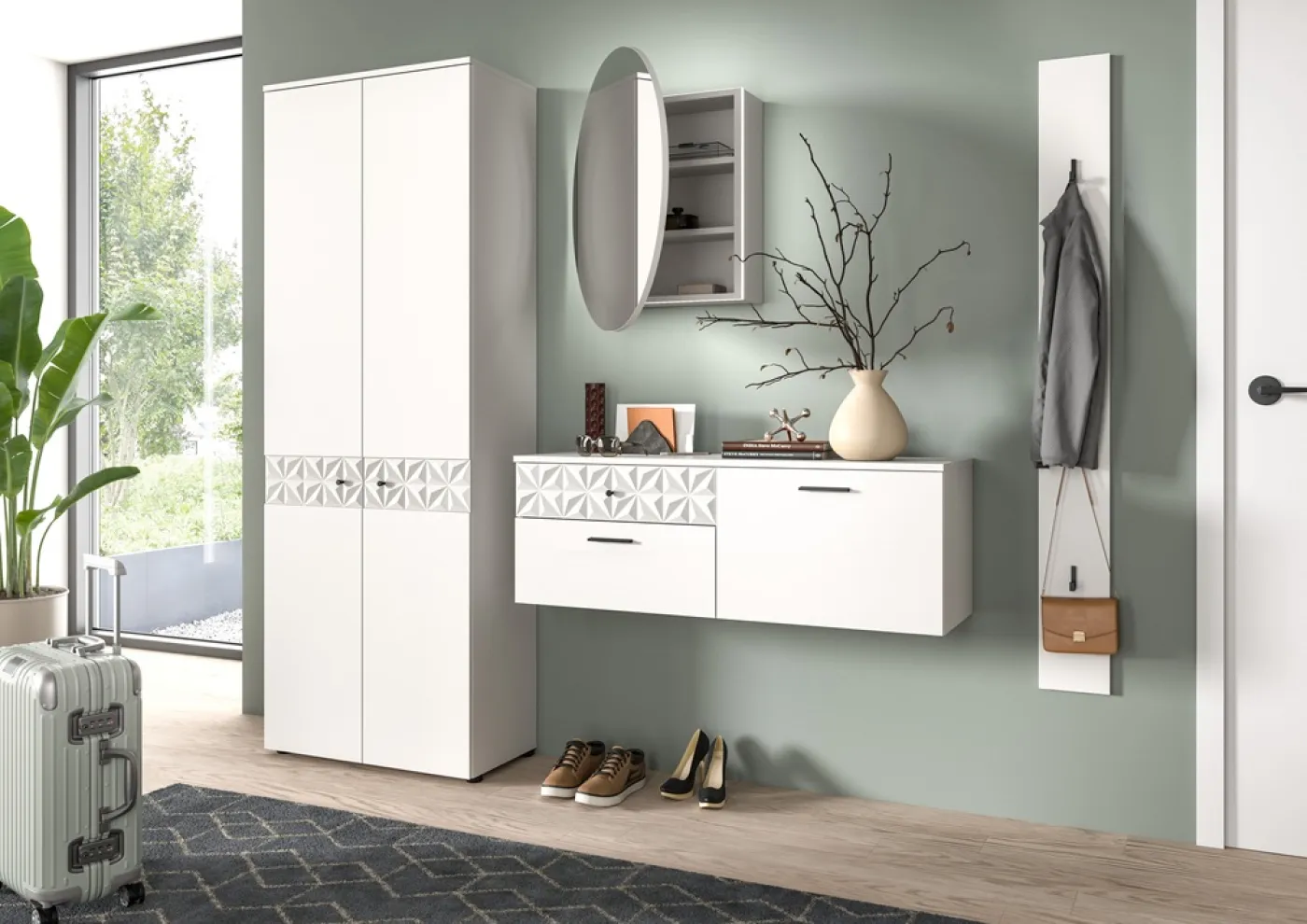 Garderoben-Set Prisma | weiß / weiß Hochglanz | 4-teilig | optional Beleuchtung