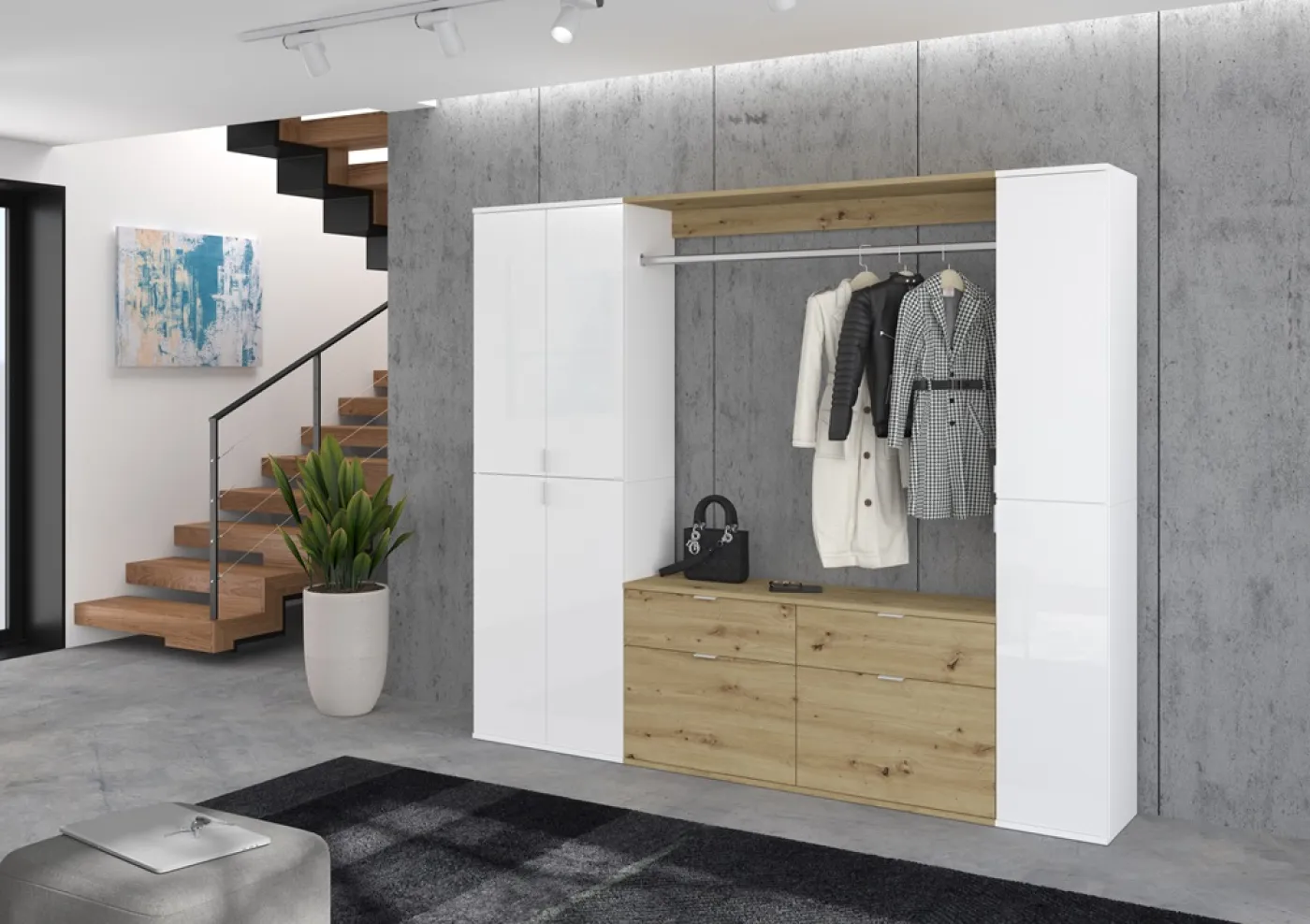 Garderoben Set Projekt X 1 | weiß Hochglanz / Artisan Eiche | 3-teilig