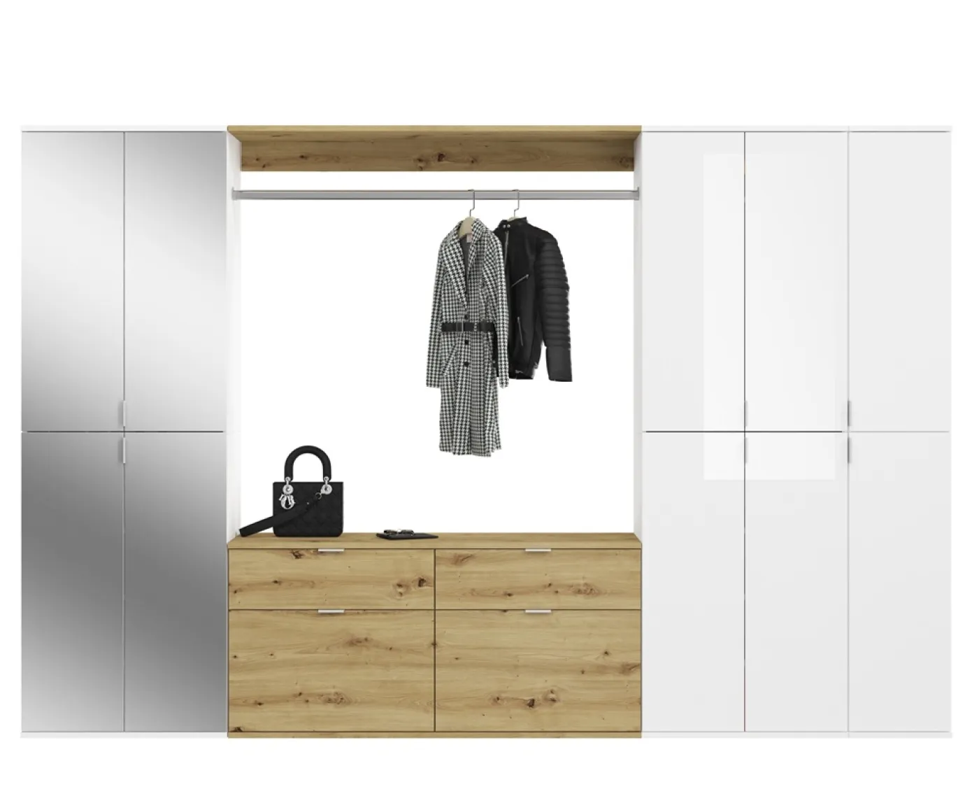 Garderoben Set Projekt X 1 | weiß Hochglanz / Artisan Eiche mit Spiegeltüren | 4-teilig