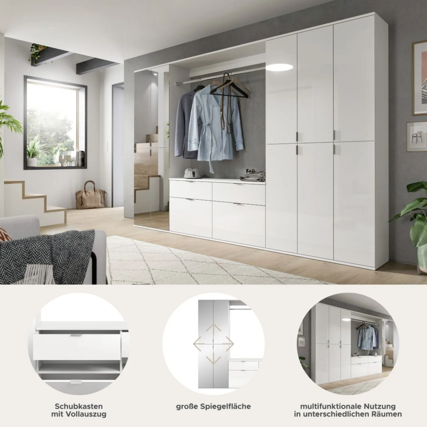 Garderoben Set Projekt X 1 | weiß Hochglanz / Spiegeltüren | 4-teilig