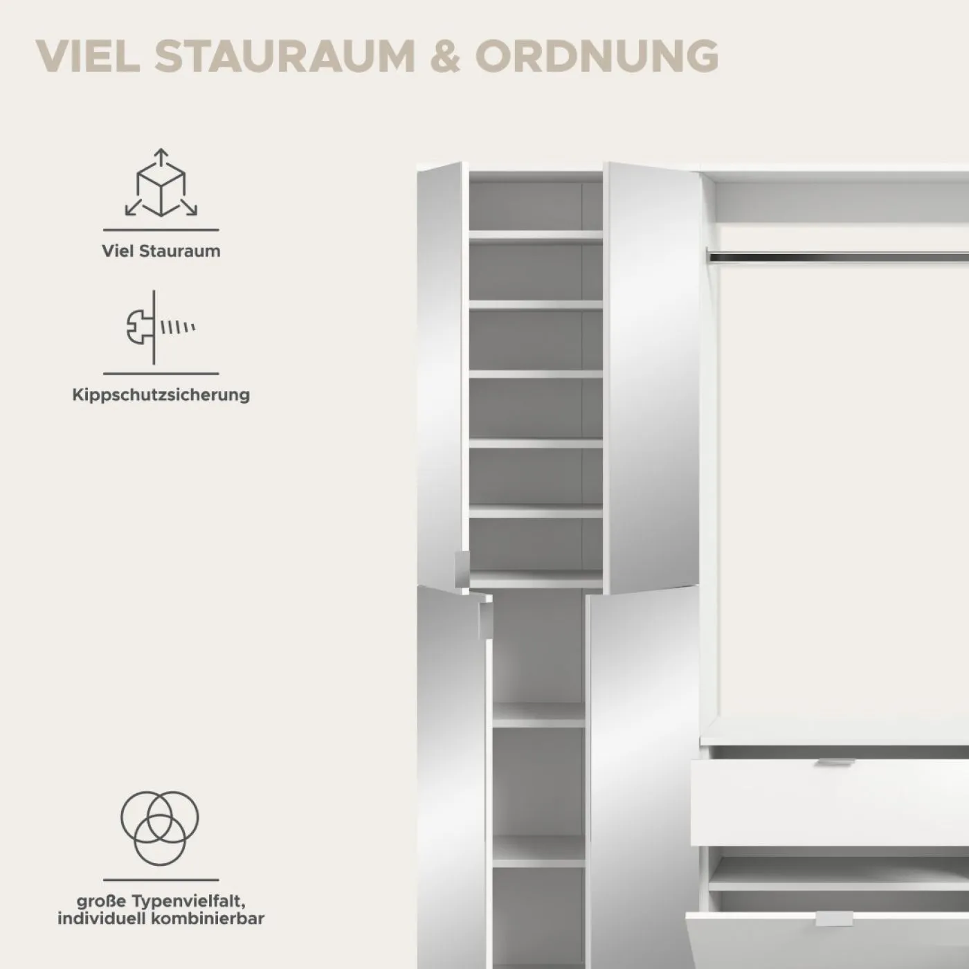 Garderoben Set Projekt X 1 | weiß Hochglanz / Spiegeltüren | 4-teilig