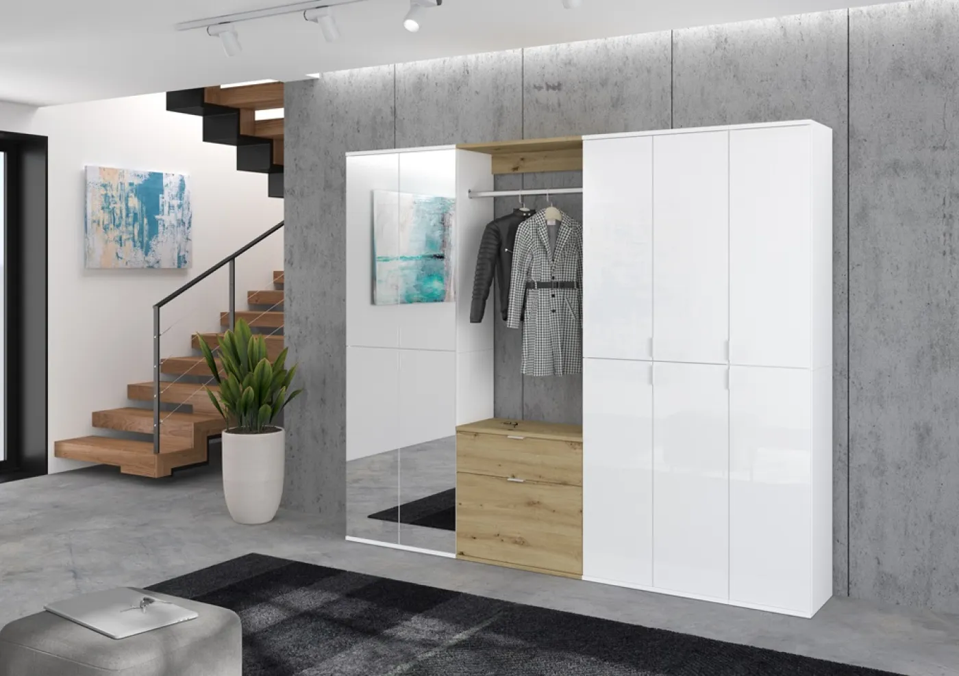 Garderoben Set Projekt X 2 | weiß Hochglanz / Artisan Eiche mit Spiegeltüren | 4-teilig