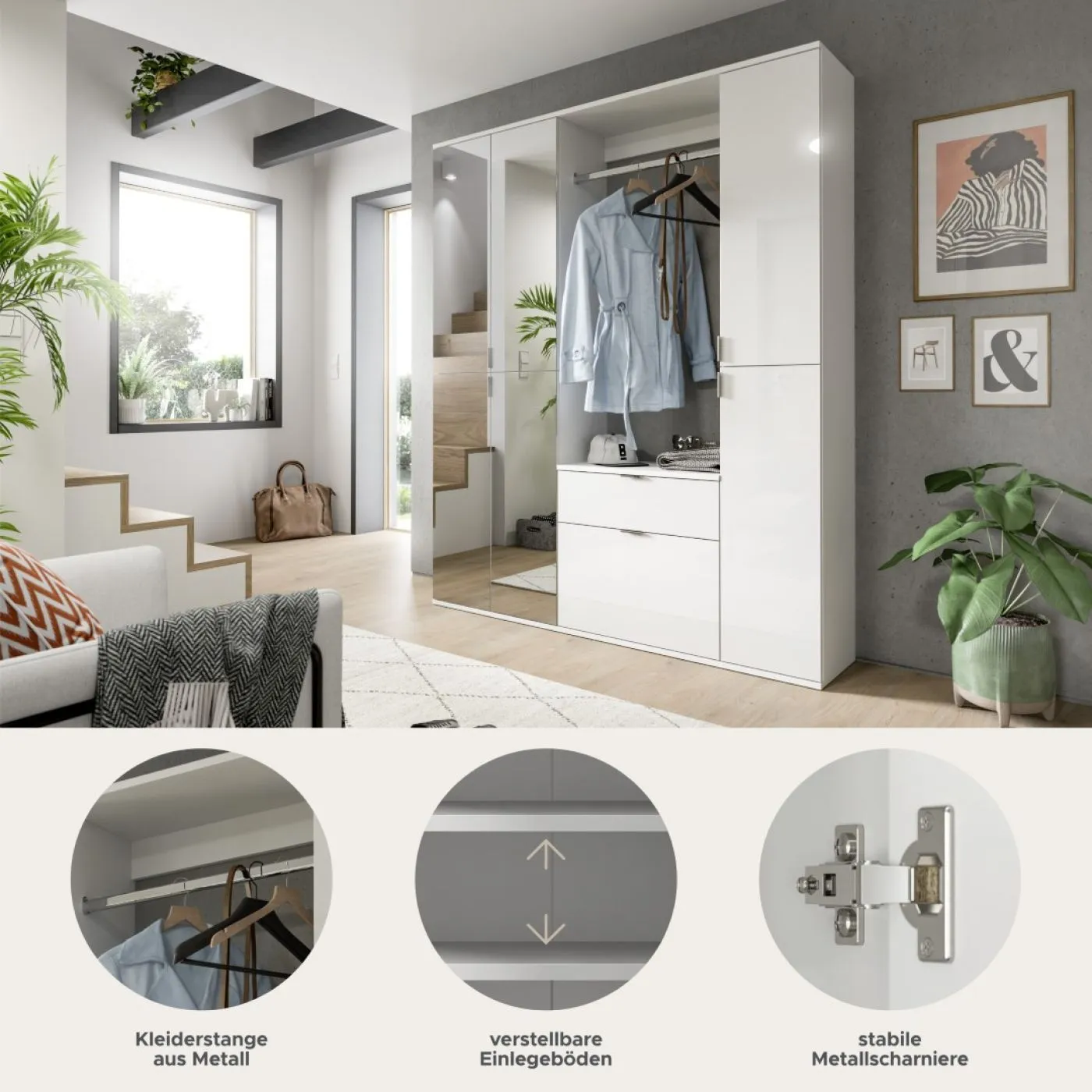 Garderoben Set Projekt X 2 | weiß Hochglanz / Spiegeltüren | 3-teilig