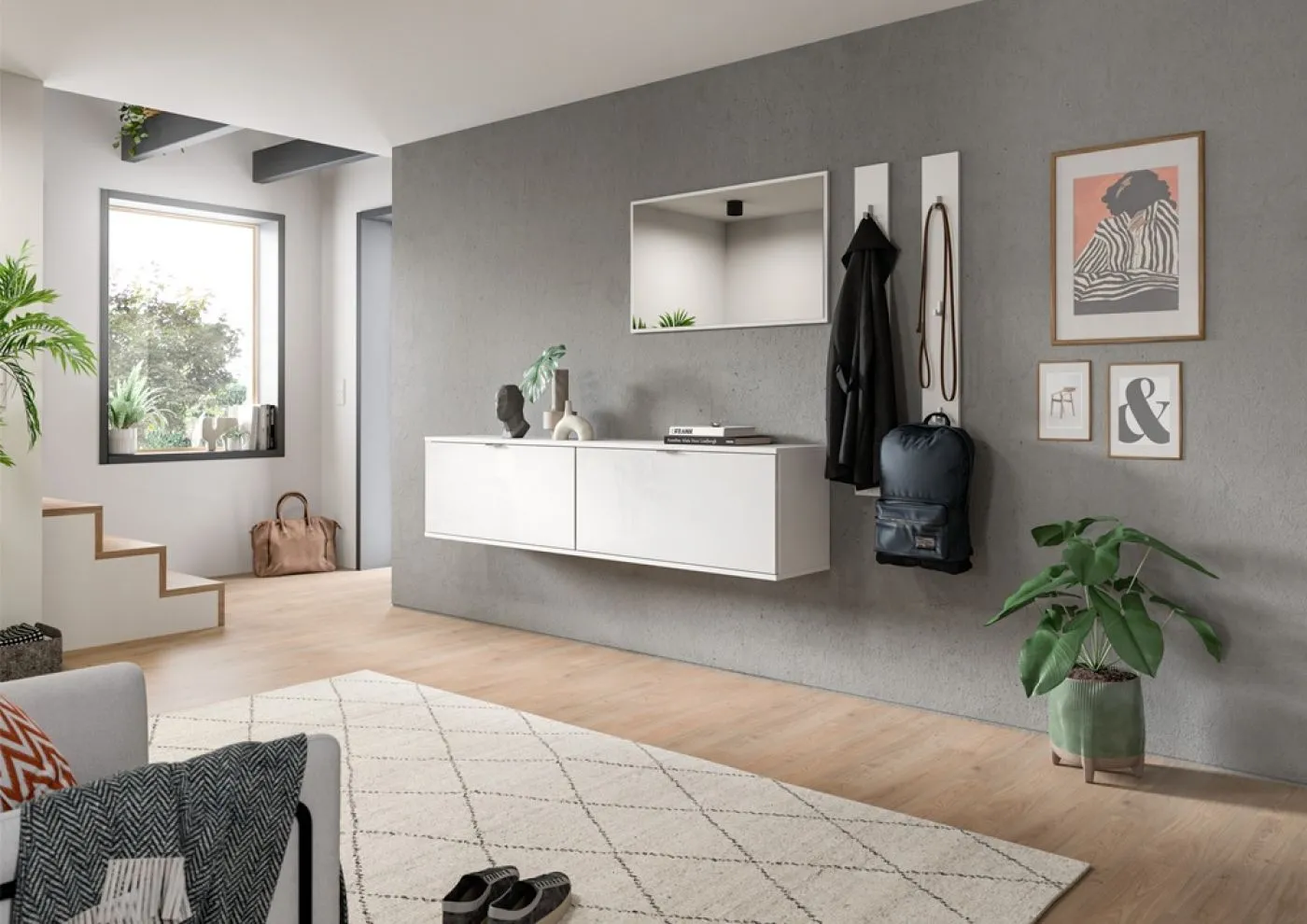Garderoben Set Projekt X | mit 2 Sitzbänken weiß Hochglanz 5-teilig