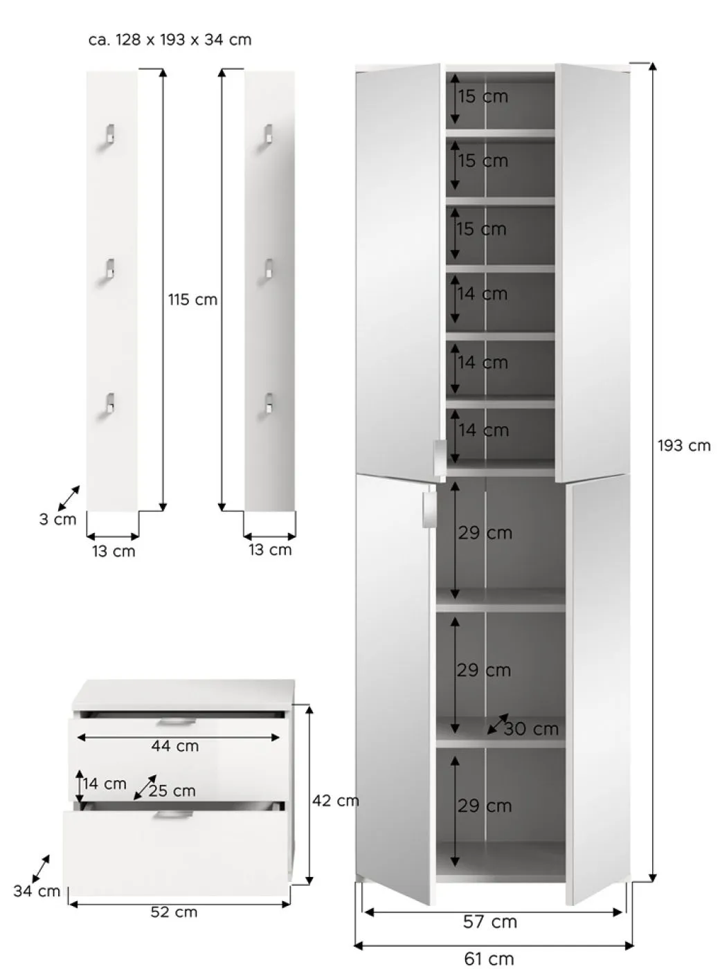 Garderoben Set Projekt X | mit Spiegelschrank breit | weiß Hochglanz | 4-teilig