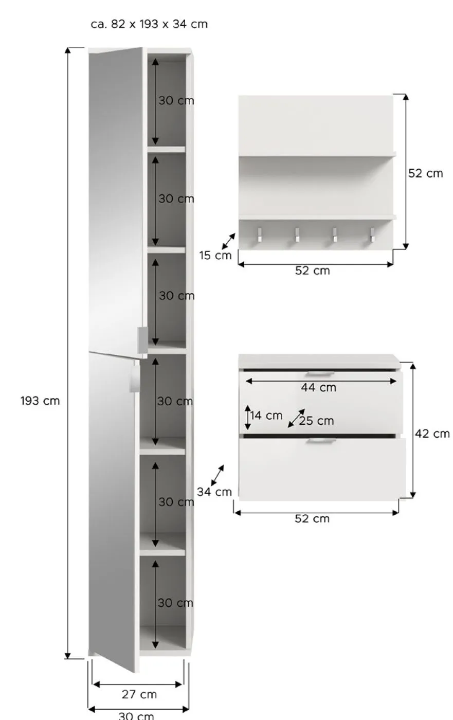 Garderoben Set Projekt X mit Spiegelschrank weiß Hochglanz 3-teilig