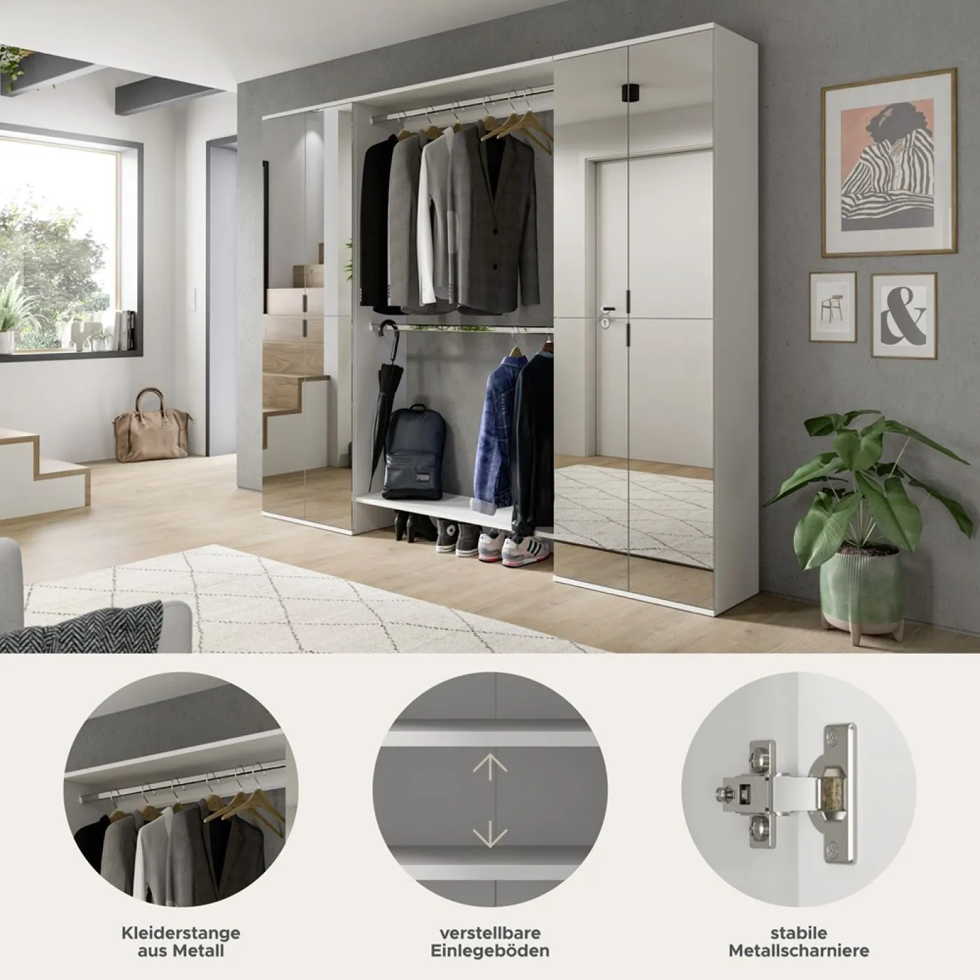 Garderoben Set Projekt X | mit Zwischenbauelement | weiß Hochglanz | 3-teilig