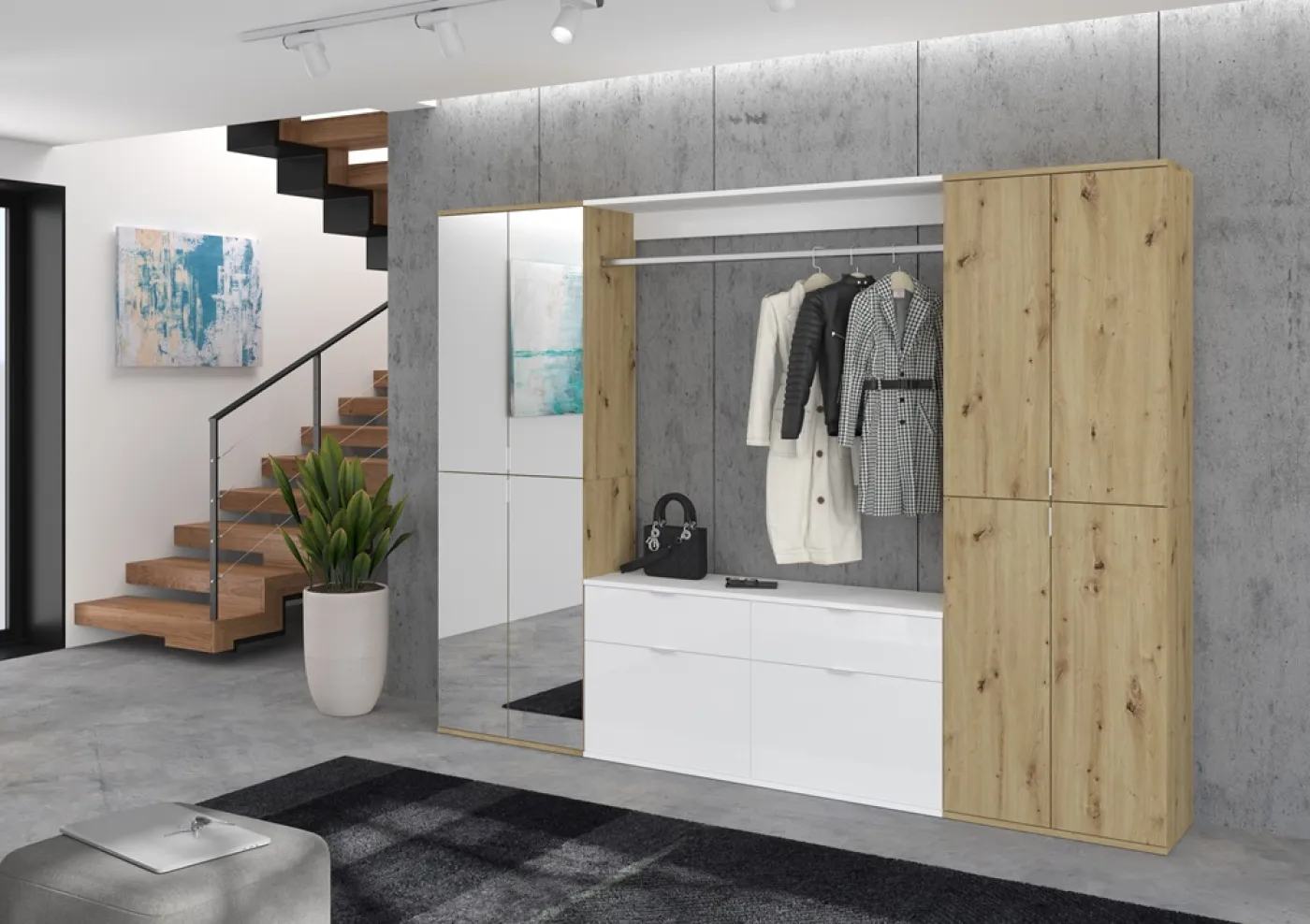 Garderoben Set Projekt X | weiß Hochglanz / Artisan Eiche mit Spiegeltüren | 3-teilig