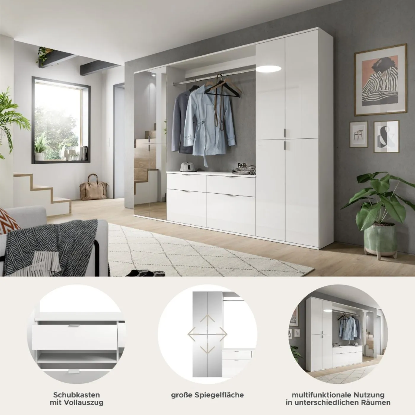 Garderoben Set Projekt X | weiß Hochglanz / Spiegeltüren | 3-teilig