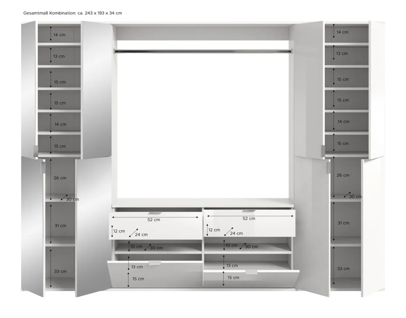 Garderoben Set Projekt X | weiß Hochglanz / Spiegeltüren | 3-teilig