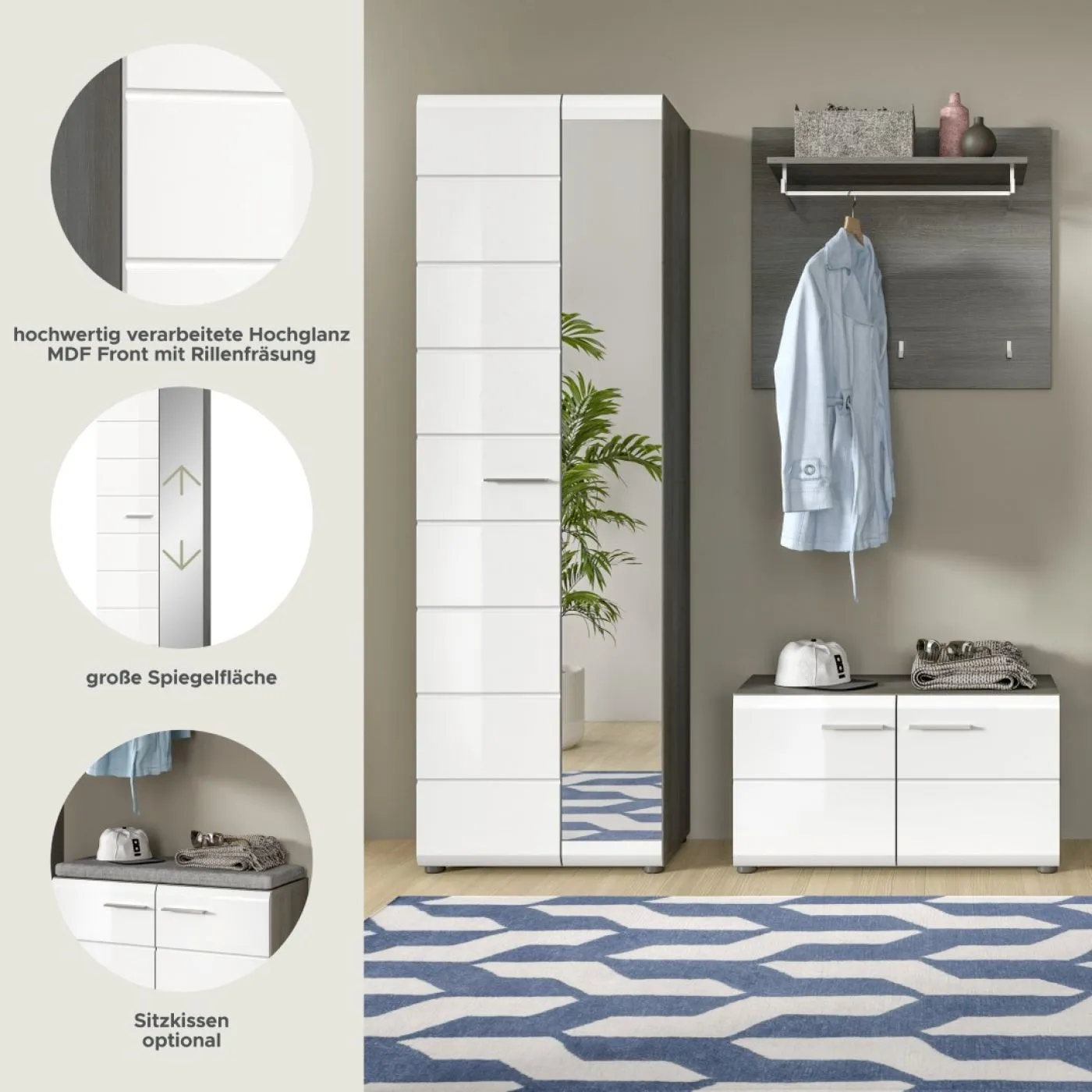 Garderoben-Set Salsa | rauchsilber / weiß Hochglanz | 3-teilig
