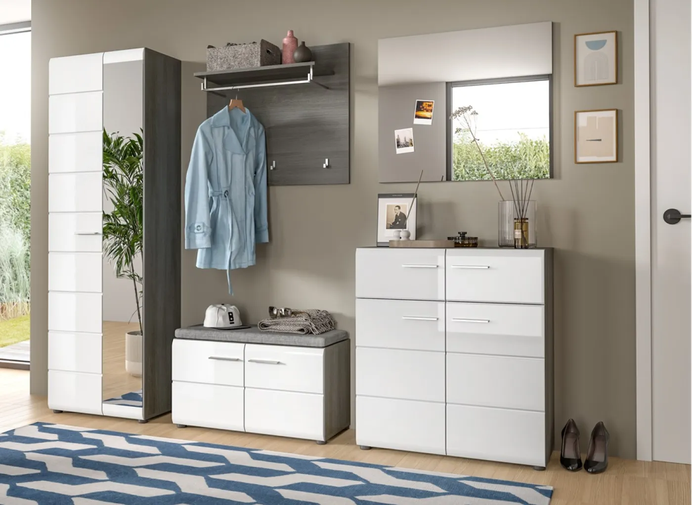 Garderoben-Set Salsa | rauchsilber / weiß Hochglanz | 3-teilig mit Sitzkissen