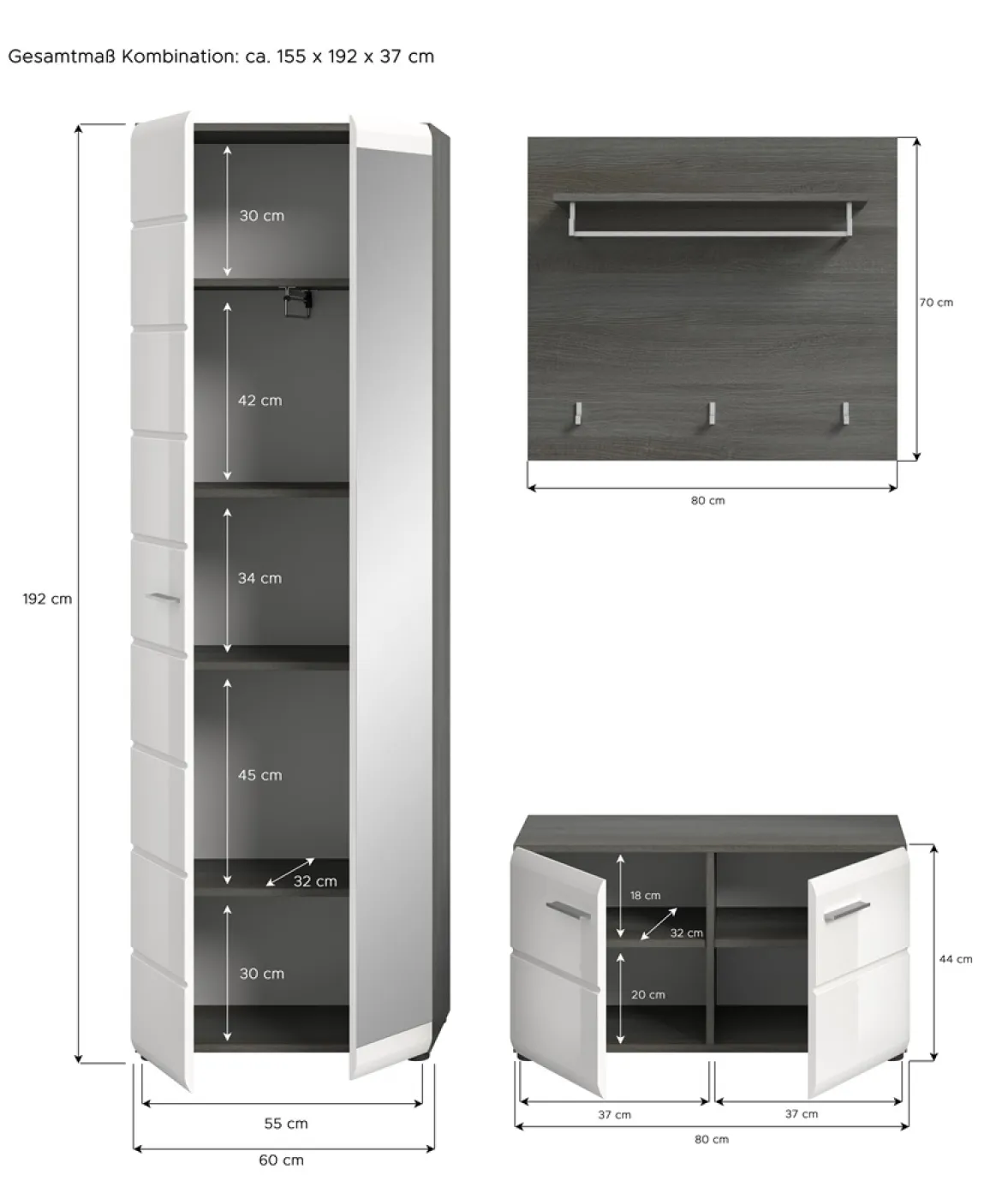 Garderoben-Set Salsa | rauchsilber / weiß Hochglanz | 3-teilig ohne Sitzkissen
