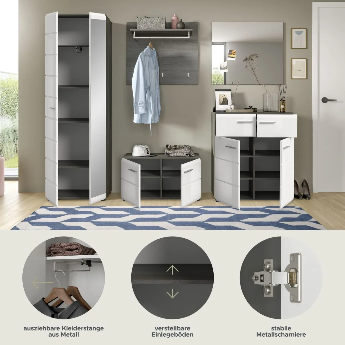 Garderoben-Set Salsa | rauchsilber / weiß Hochglanz | 5-teilig