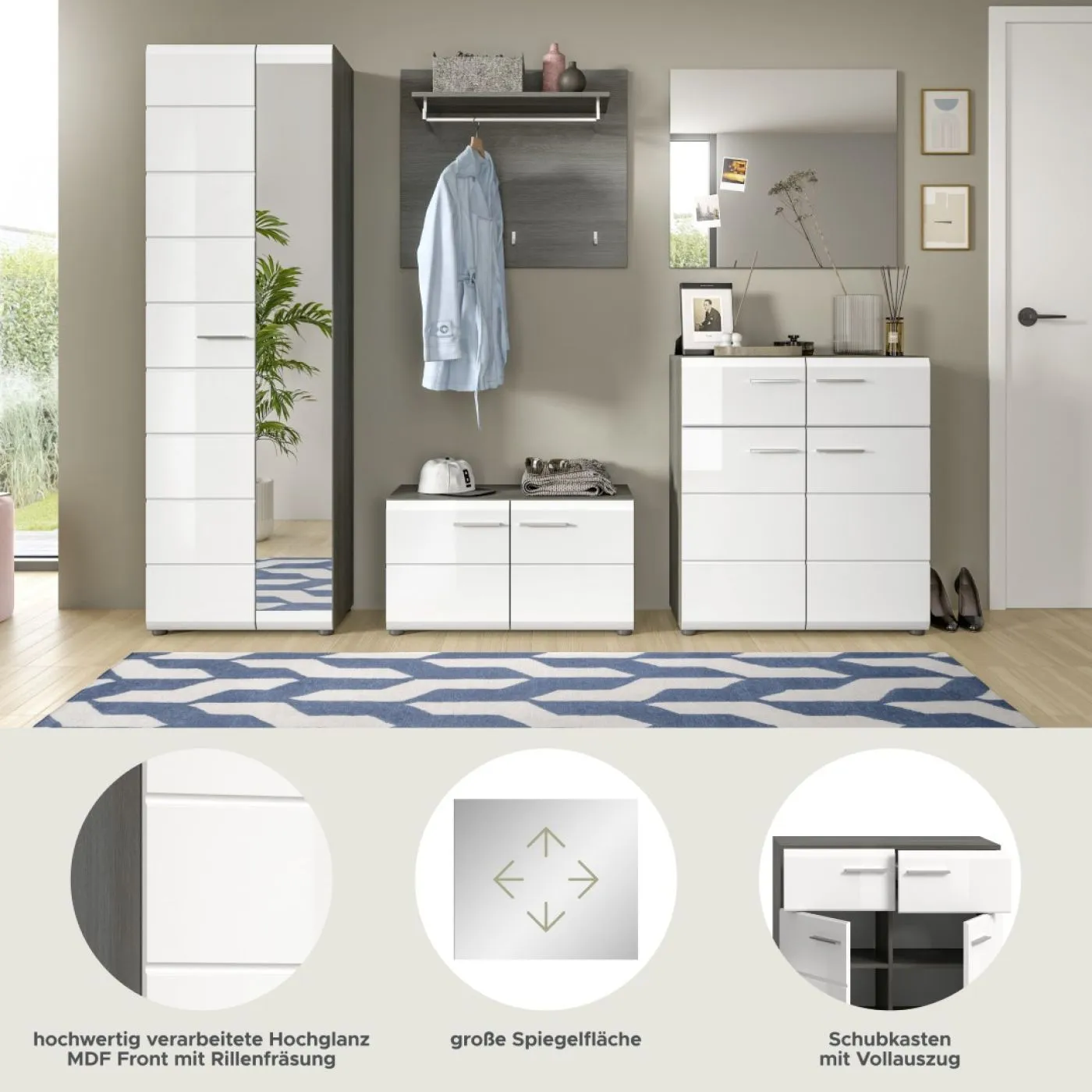 Garderoben-Set Salsa | rauchsilber / weiß Hochglanz | 5-teilig ohne Sitzkissen