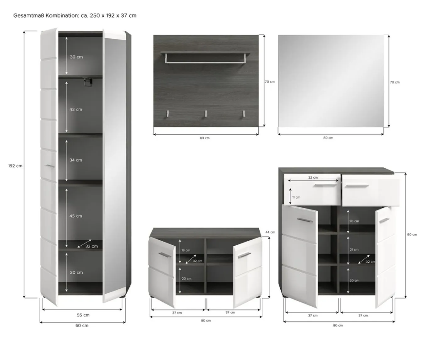 Garderoben-Set Salsa | rauchsilber / weiß Hochglanz | 5-teilig ohne Sitzkissen