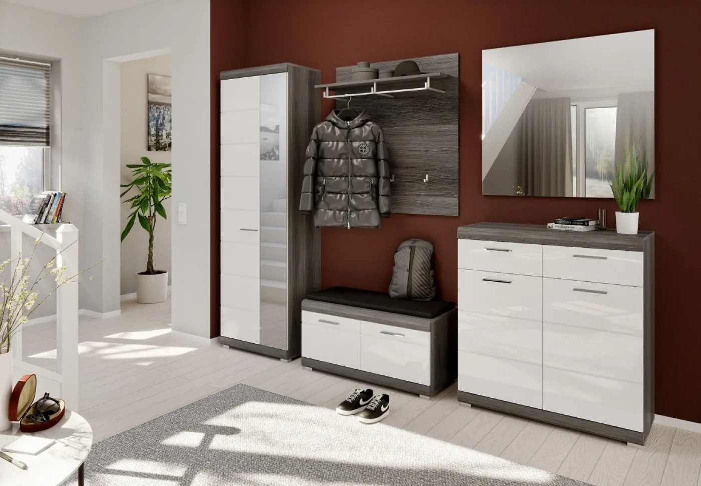 Garderoben-Set Scout | weiß Hochglanz / rauchsilber | 5-teilig