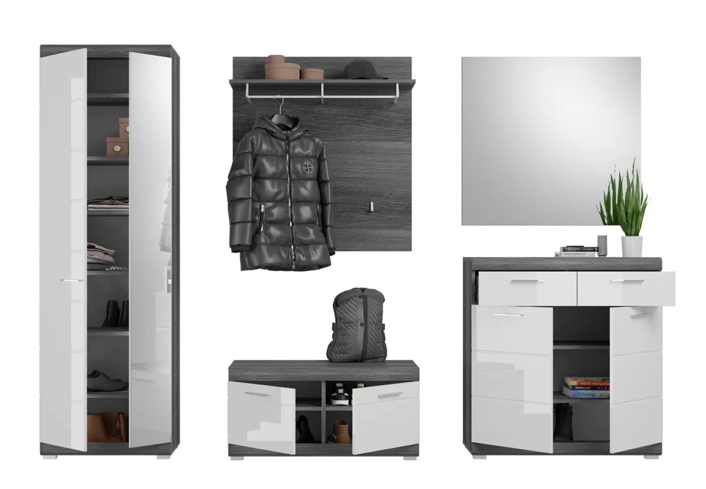 Garderoben-Set Scout | weiß Hochglanz / rauchsilber | 5-teilig mit Sitzkissen