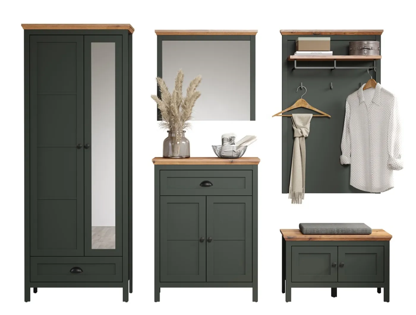 Garderoben-Set Stanton | Tannengrün / Eiche | 5-teilig