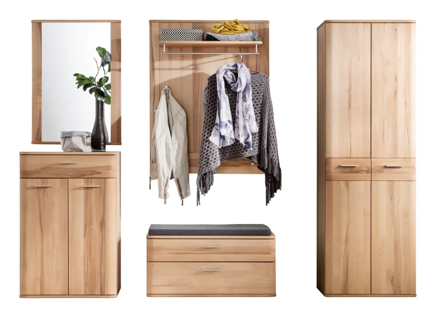 Garderoben Set Vedura | Kernbuche massiv | 5-teilig ohne Kissen