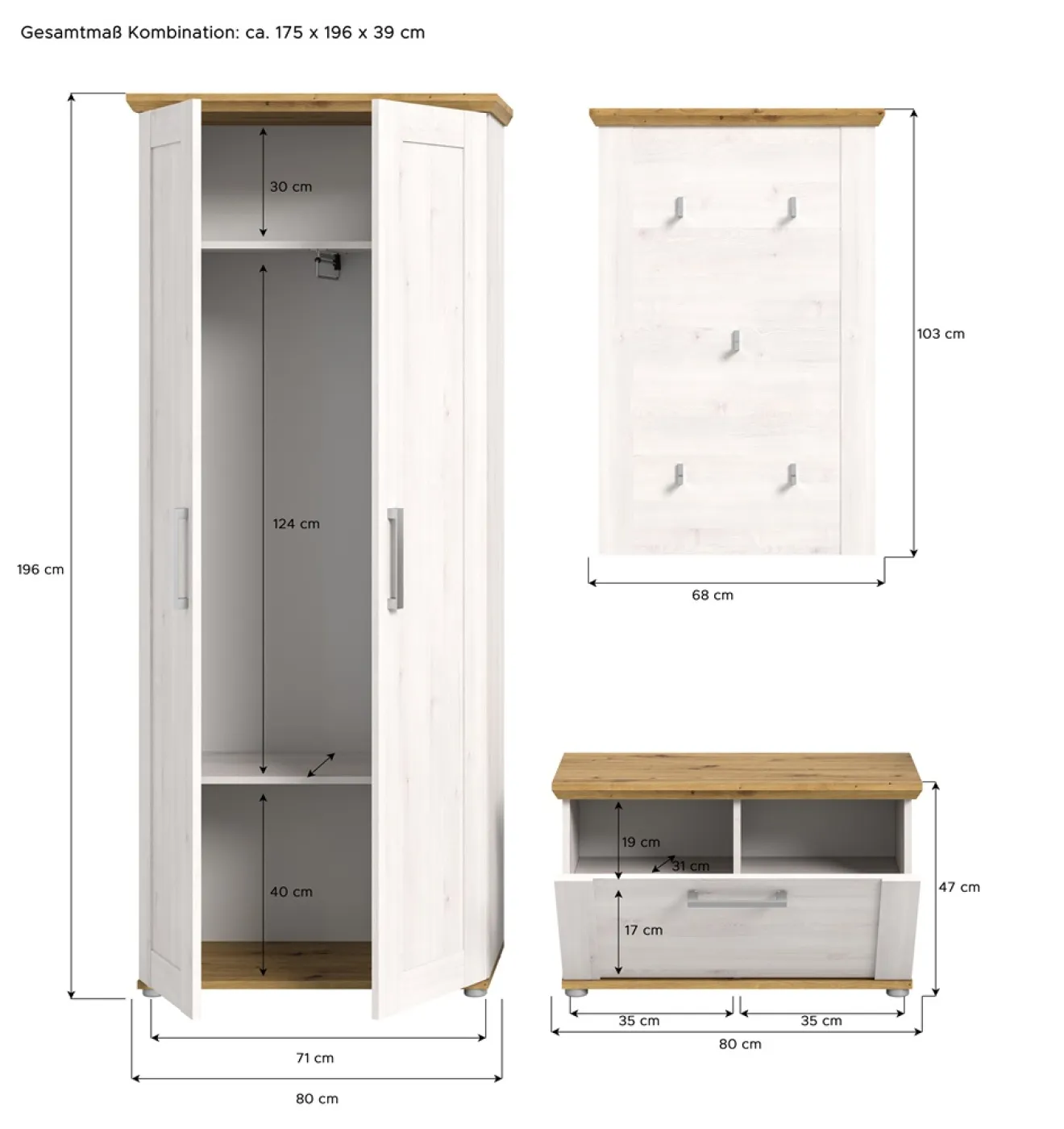 Garderoben-Set Verona | Lärche Sibiu / Eiche | 3-teilig mit Sitzkissen