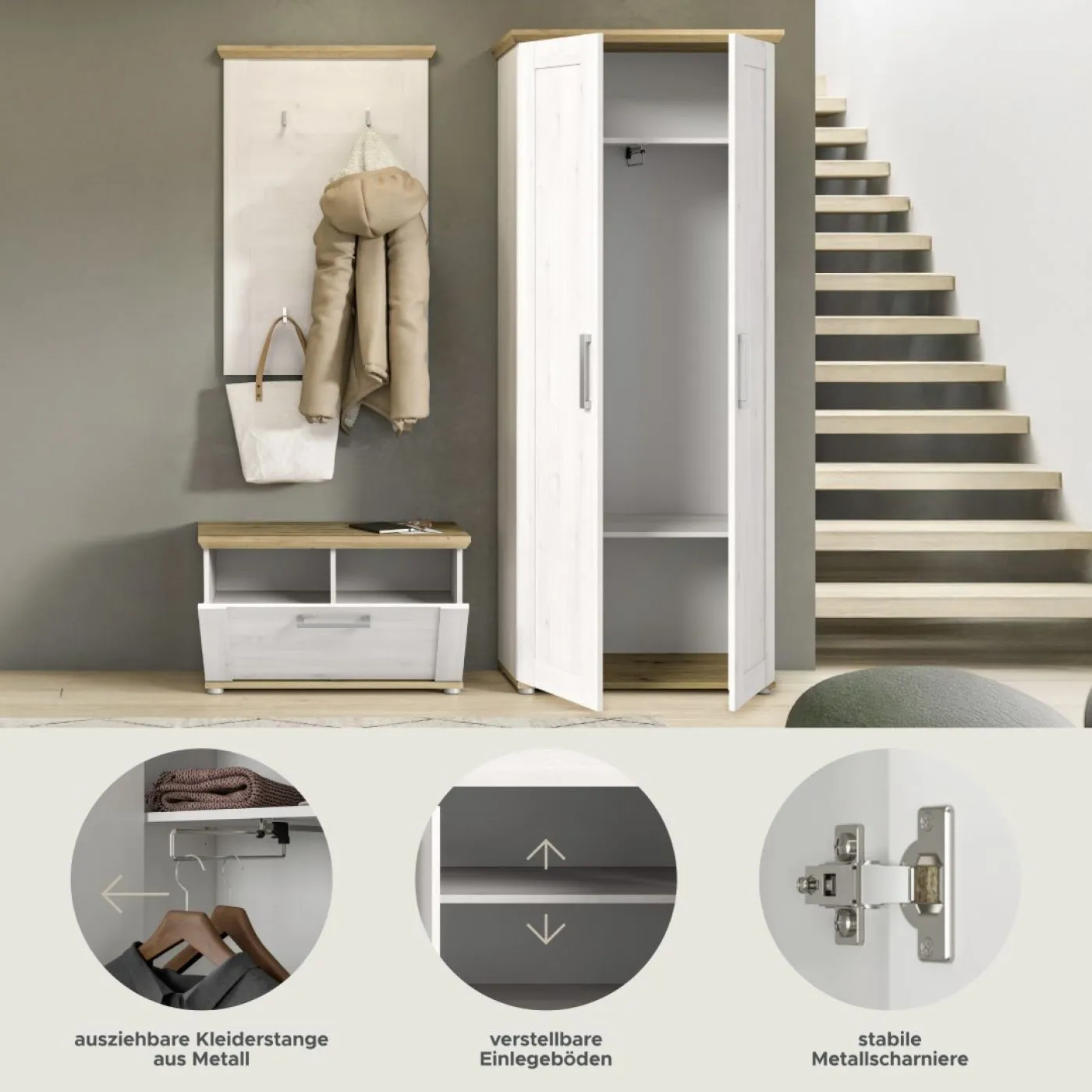 Garderoben-Set Verona | Lärche Sibiu / Eiche | 3-teilig ohne Sitzkissen