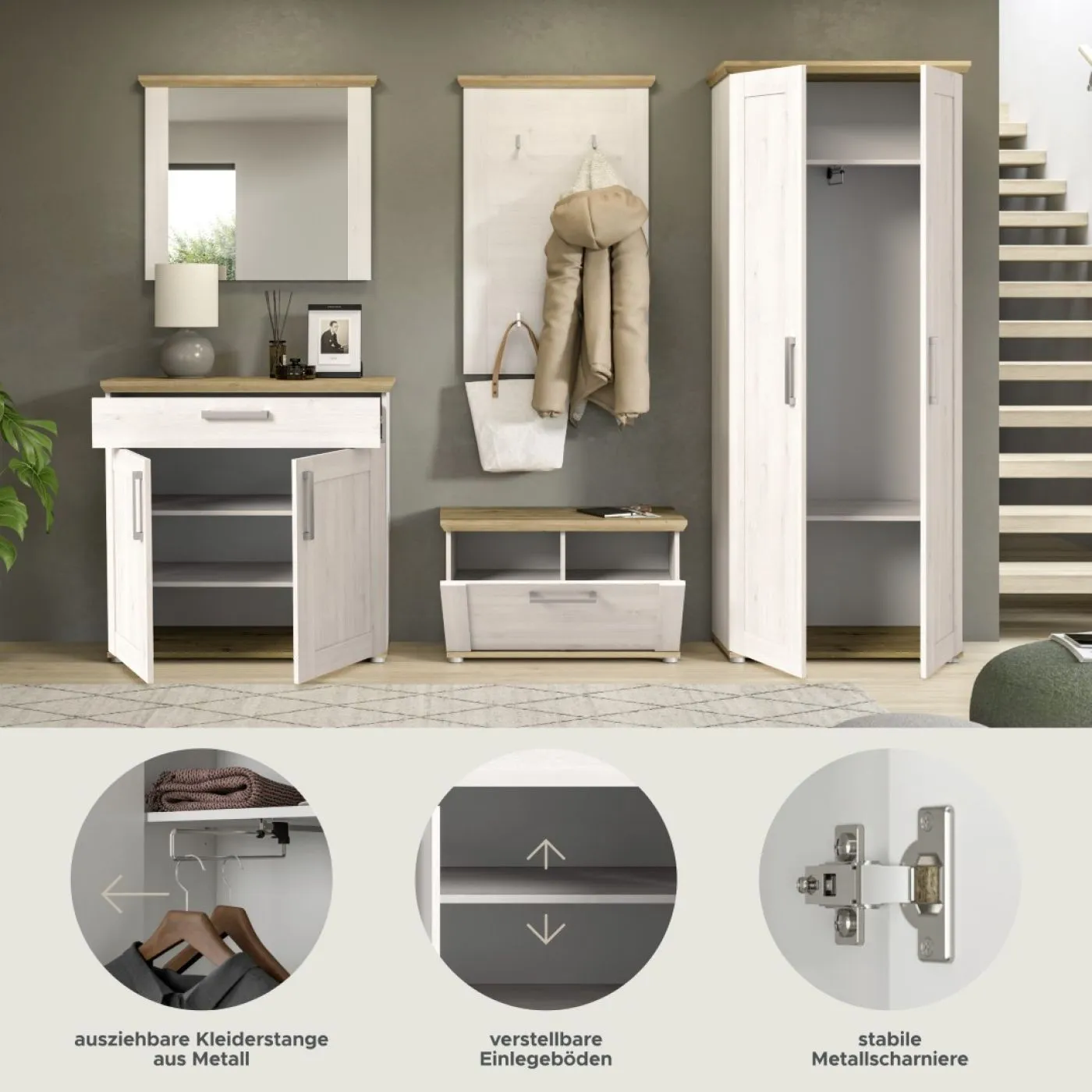 Garderoben-Set Verona | Lärche Sibiu / Eiche | 5-teilig ohne Sitzkissen