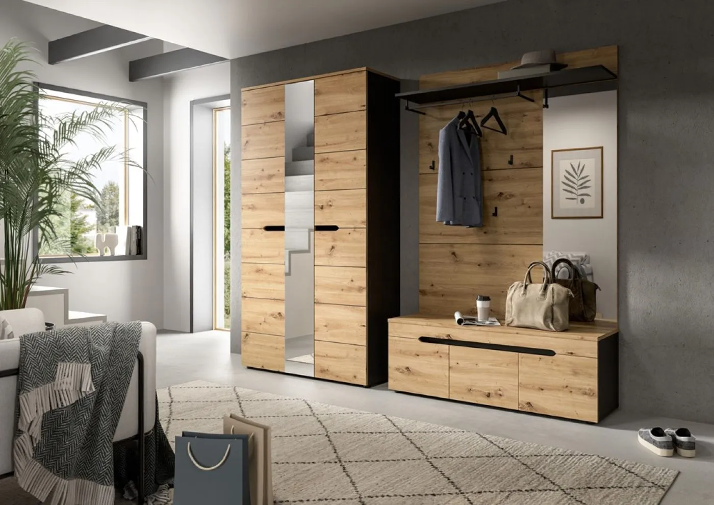 Garderobenbank Sitzbank Canu 1 | Basalt grau /Artisan Eiche mit Kissen