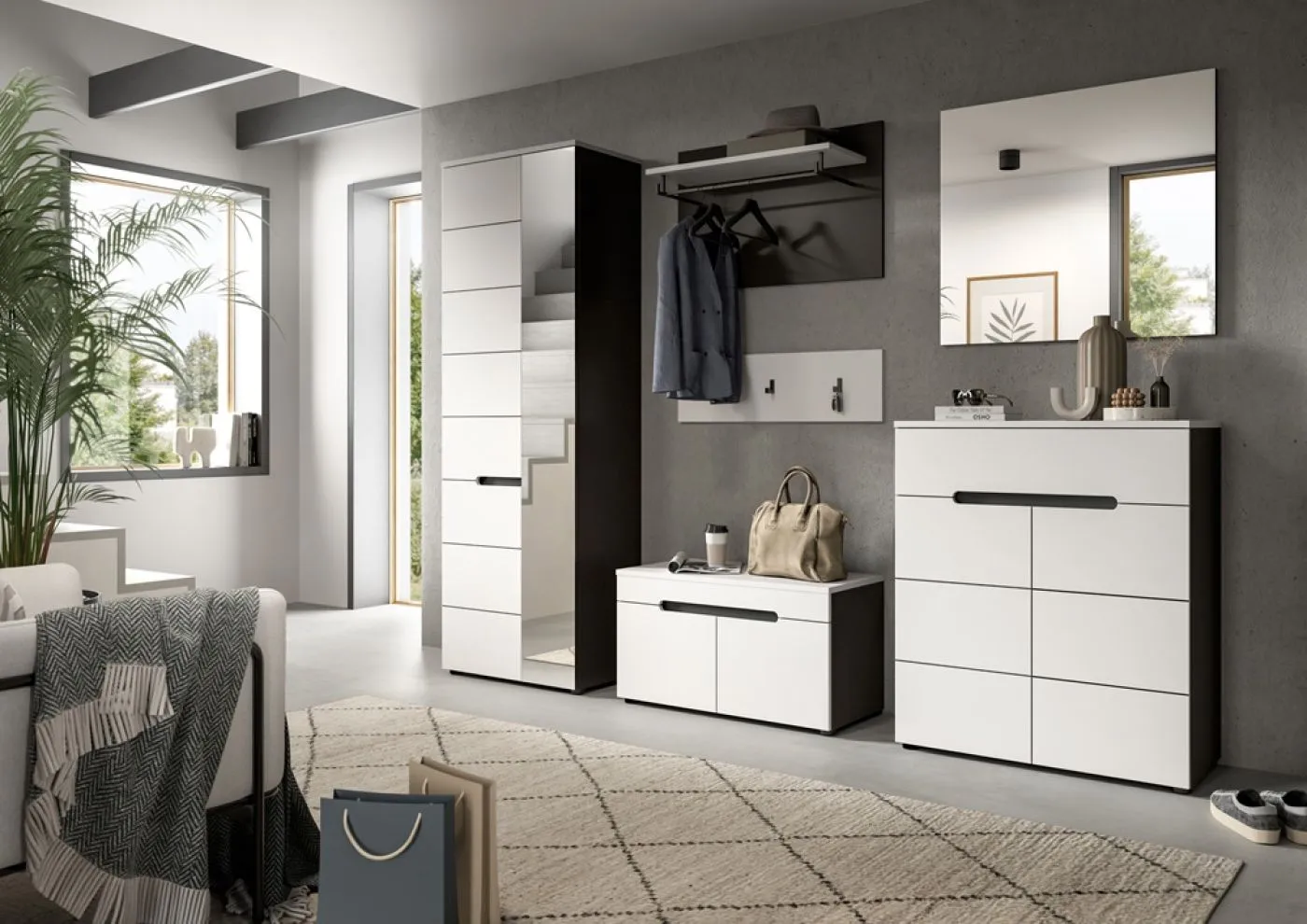 Garderobenbank Sitzbank Canu | Basalt grau / Weiß