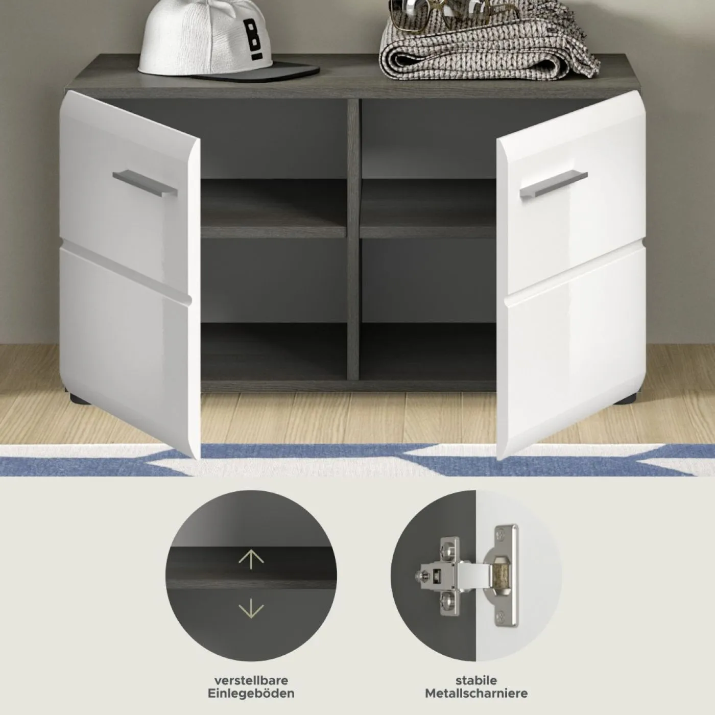 Garderobenbank Sitzbank Salsa | weiß Hochglanz / rauchsilber