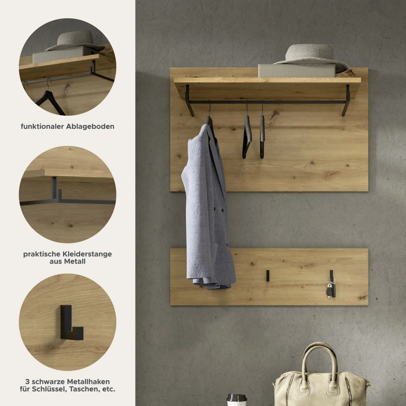 Garderobenpaneel Canu | Artisan Eiche