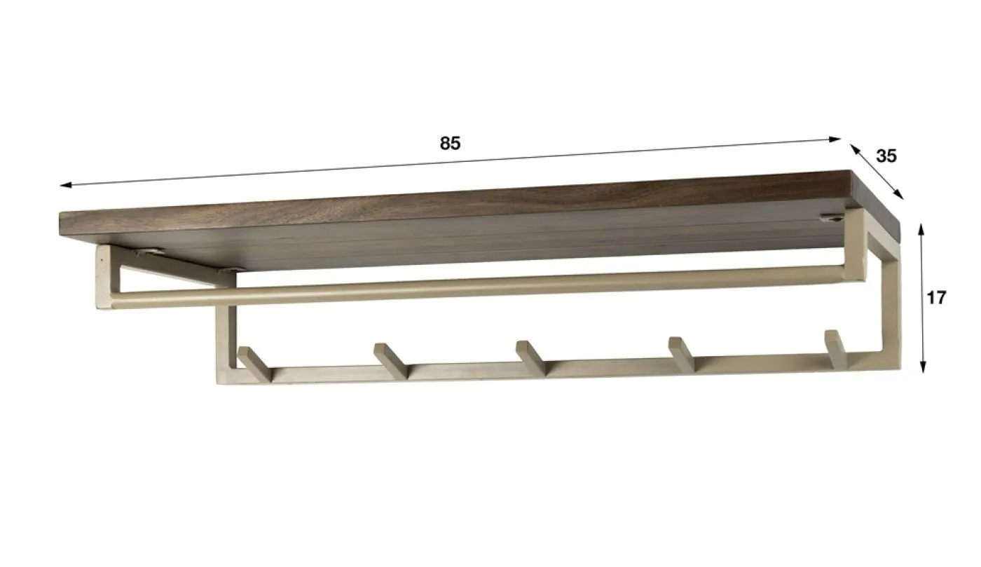 Garderobenpaneel Dion 5 Haken, Wandmontiertes Paneel mit Ablage oben und 5 Haken unten – Ansicht 5