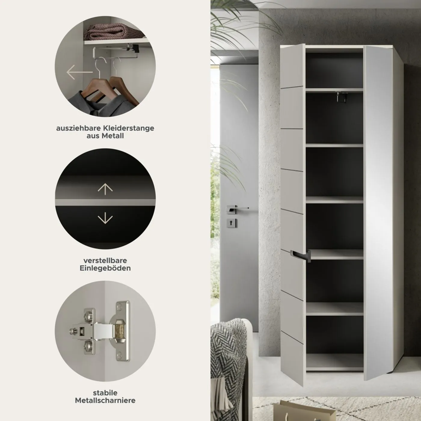Garderobenschrank Canu | Kaschmir / Basalt grau